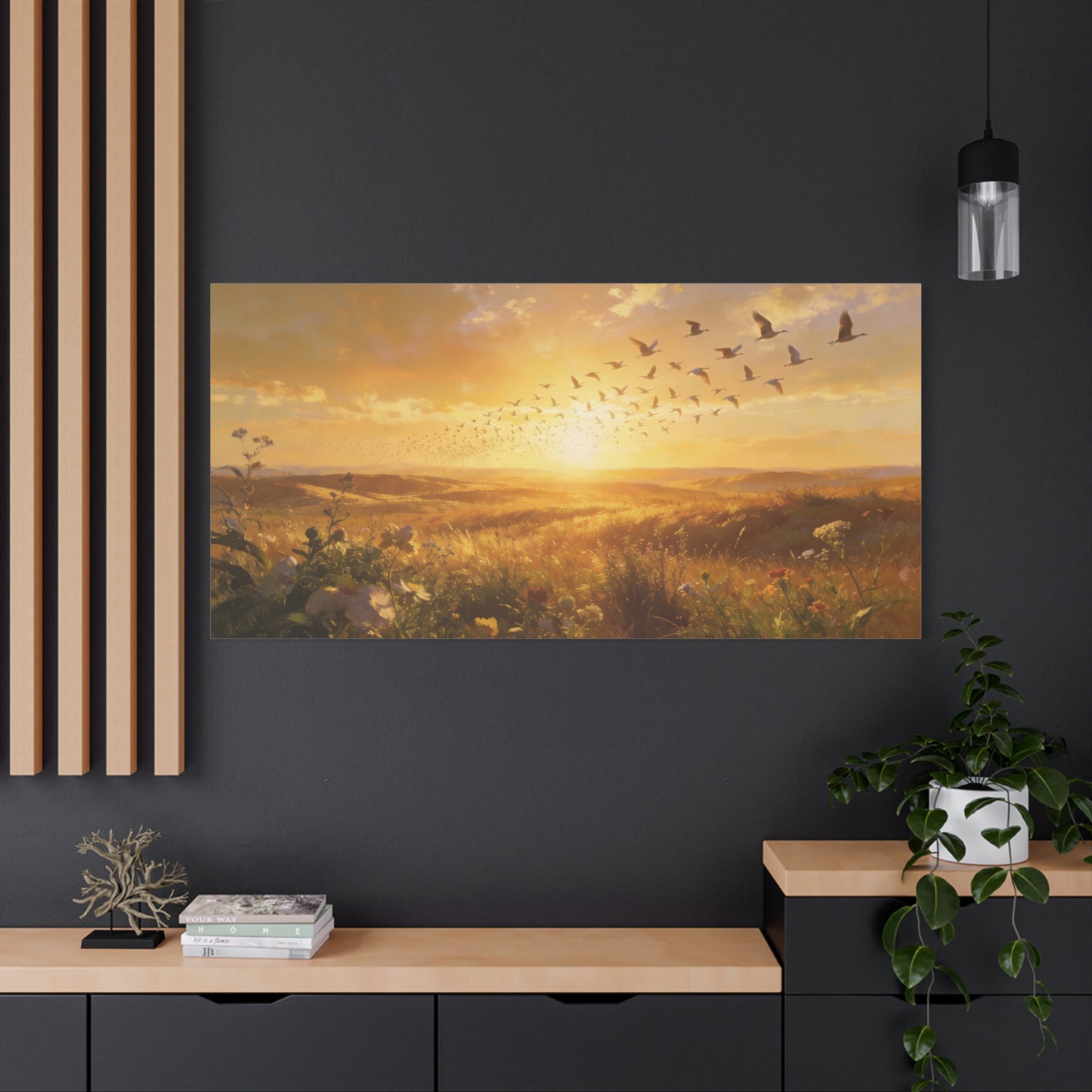 Golden Meadow Sunrise Canvas Wall Art - Flying Birds Over Wildflower Landscape, Lighted Patriotic Wall Hanging Banne Tone, Matte Finish Print - Rustic Living Room Decor - Bedroom Home Decoration
