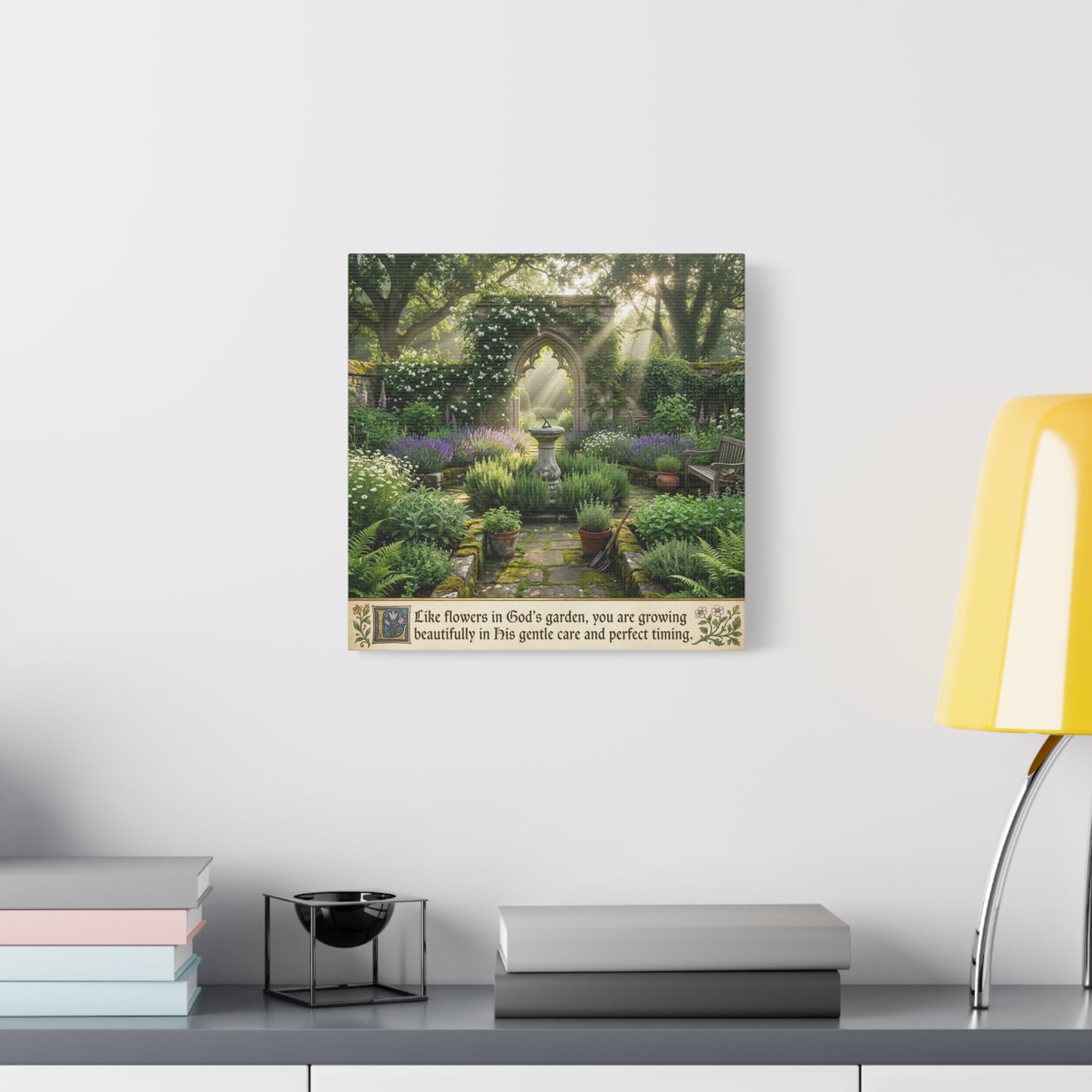 "Like Flowers In God's Garden, You Are Growing Beautifully In His Gentle Care And Divine Timing" Canvas Wall Art - Sunlit Garden Arch, Botanical Landscape Print - Living Room Decor - Office Wall Art