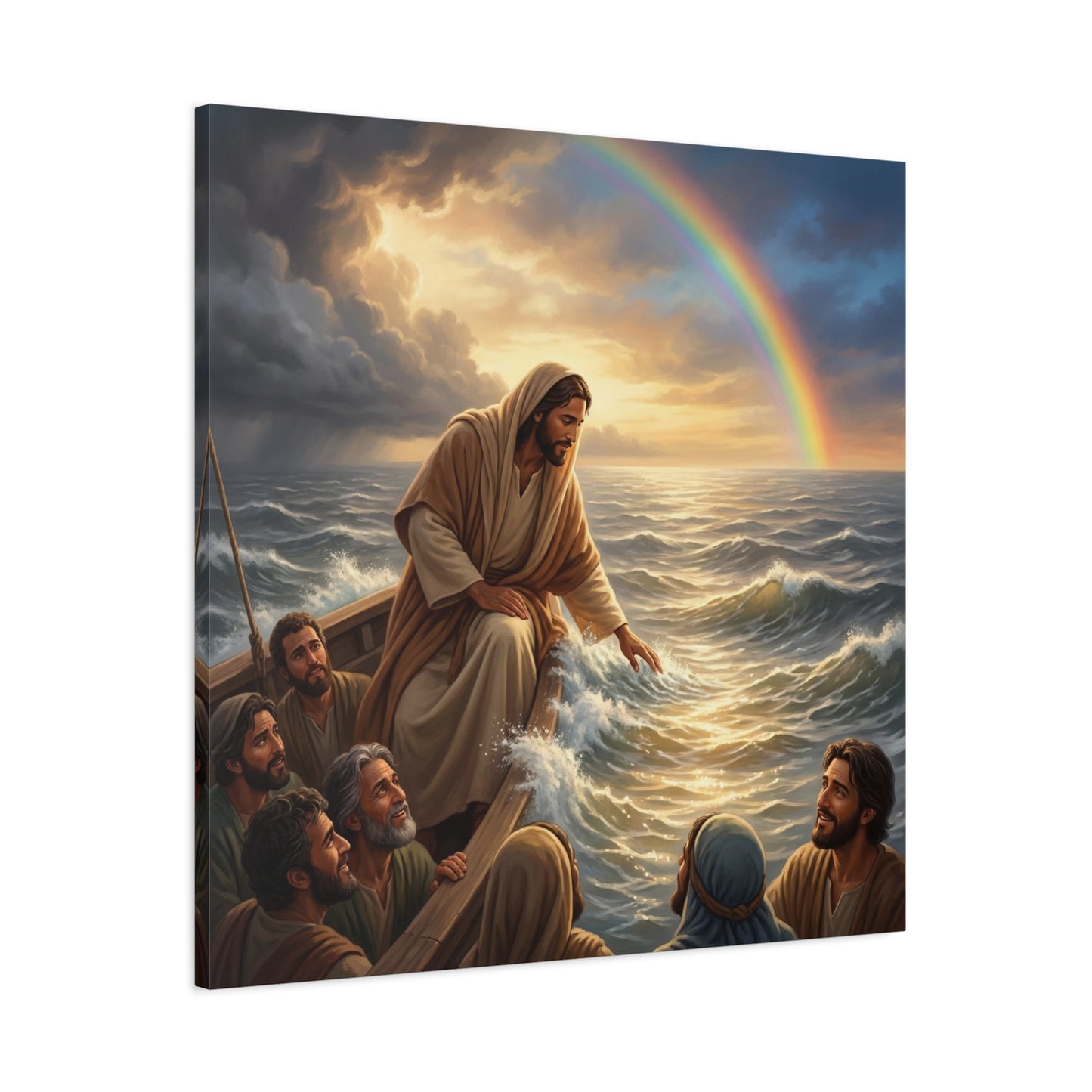 Jesus Christ Walking On Water Canvas Wall Art - Rainbow Over Stormy Sea, Disciples In Boat - Matte Cotton Print - Traditional Religious Style - Living Room Wall Decor - Bedroom Home Decoration