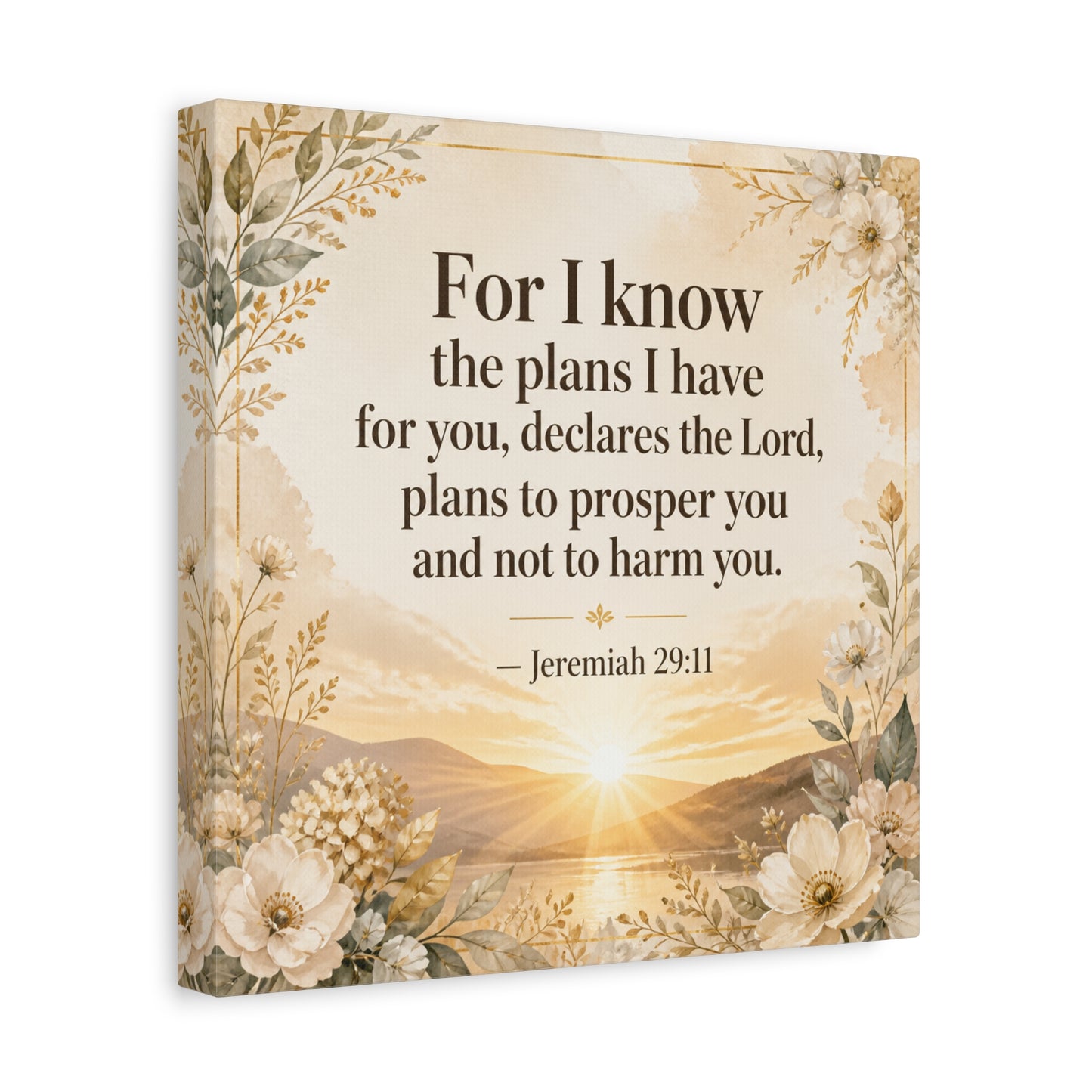 "For I Know The Plans I Have For You" Bible Verse Canvas Wall Art - Jeremiah 29:11 Floral Scripture Print, Gold Sunrise Landscape, Christian Wall Decor For Bedroom, Living Room - Ready to Hang