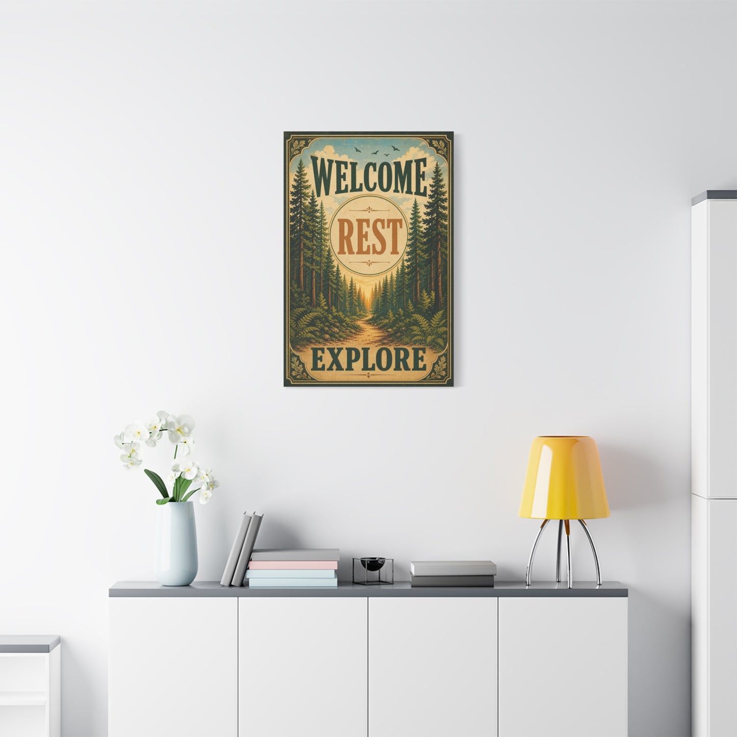 "Welcome Rest Explore" Forest Canvas Art Print - Vintage Pine Path Landscape Decor - Rustic Cabin Style, Nature Home Accent, Entryway Decoration, Lodge Interior Piece - Living Room Wall Decor
