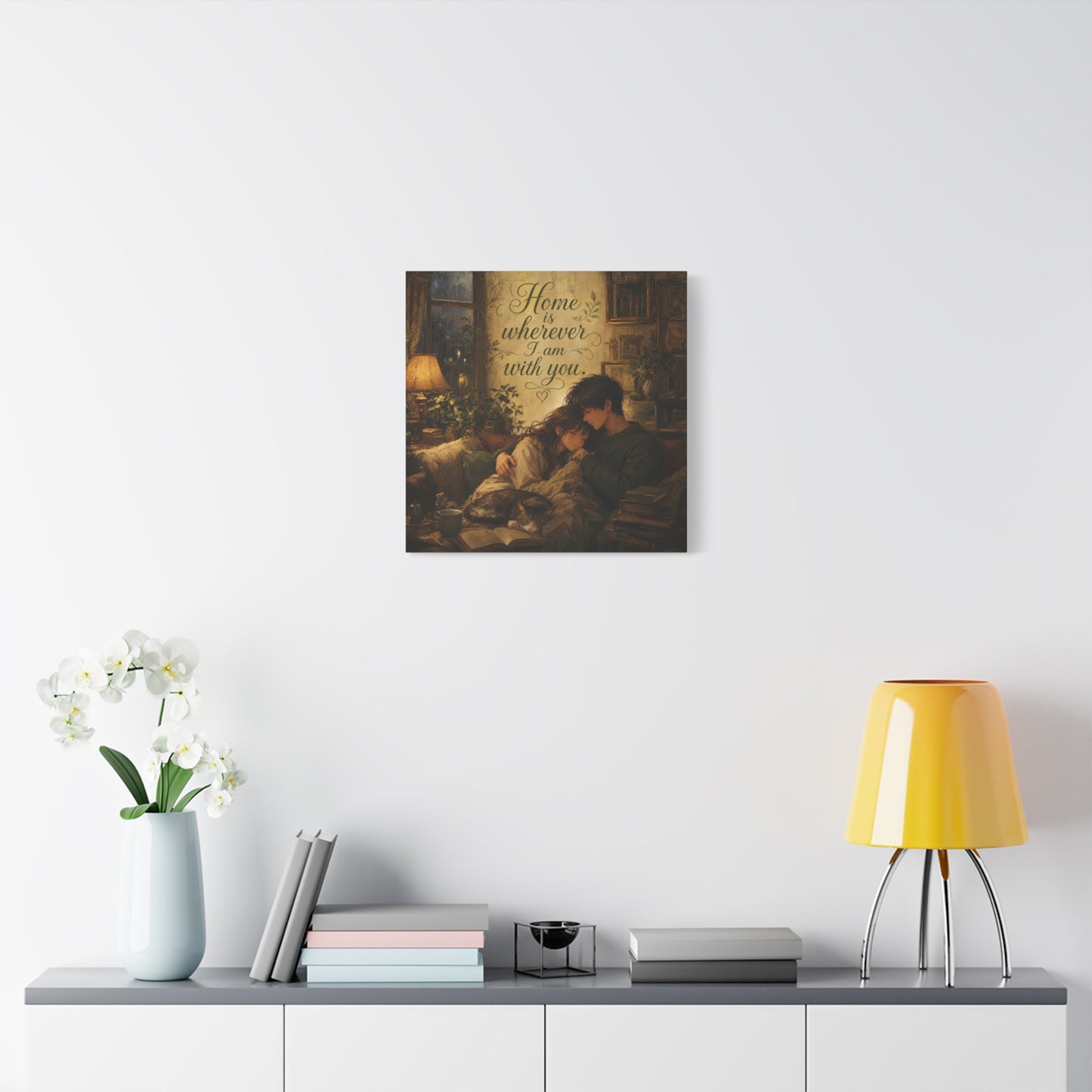 "Home Is Wherever I Am With You." Couple Canvas Wall Art - Romantic Cozy Reading Nook Quote Print - Vintage Warm Lamplight Style - Living Room Wall Decor, Bedroom Home Decoration - Ready to Hang