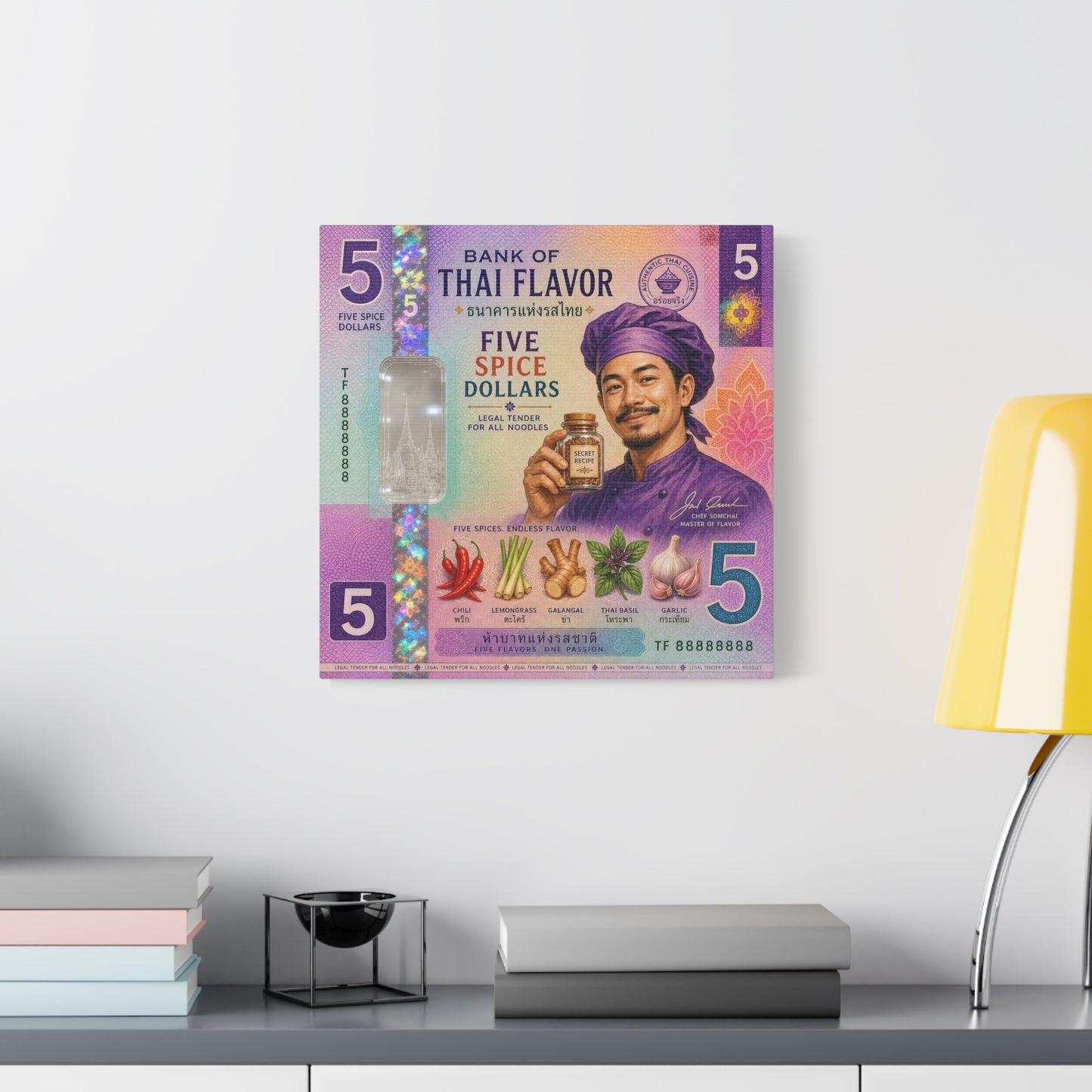 "Bank Of Thai Flavor" Thai Chef Canvas Wall Art - Five Spice Dollars Food Illustration, Colorful Typography Print, Eclectic Kitchen Decor, Cafe Wall Decor, Restaurant Wall Accent - Ready to Hang