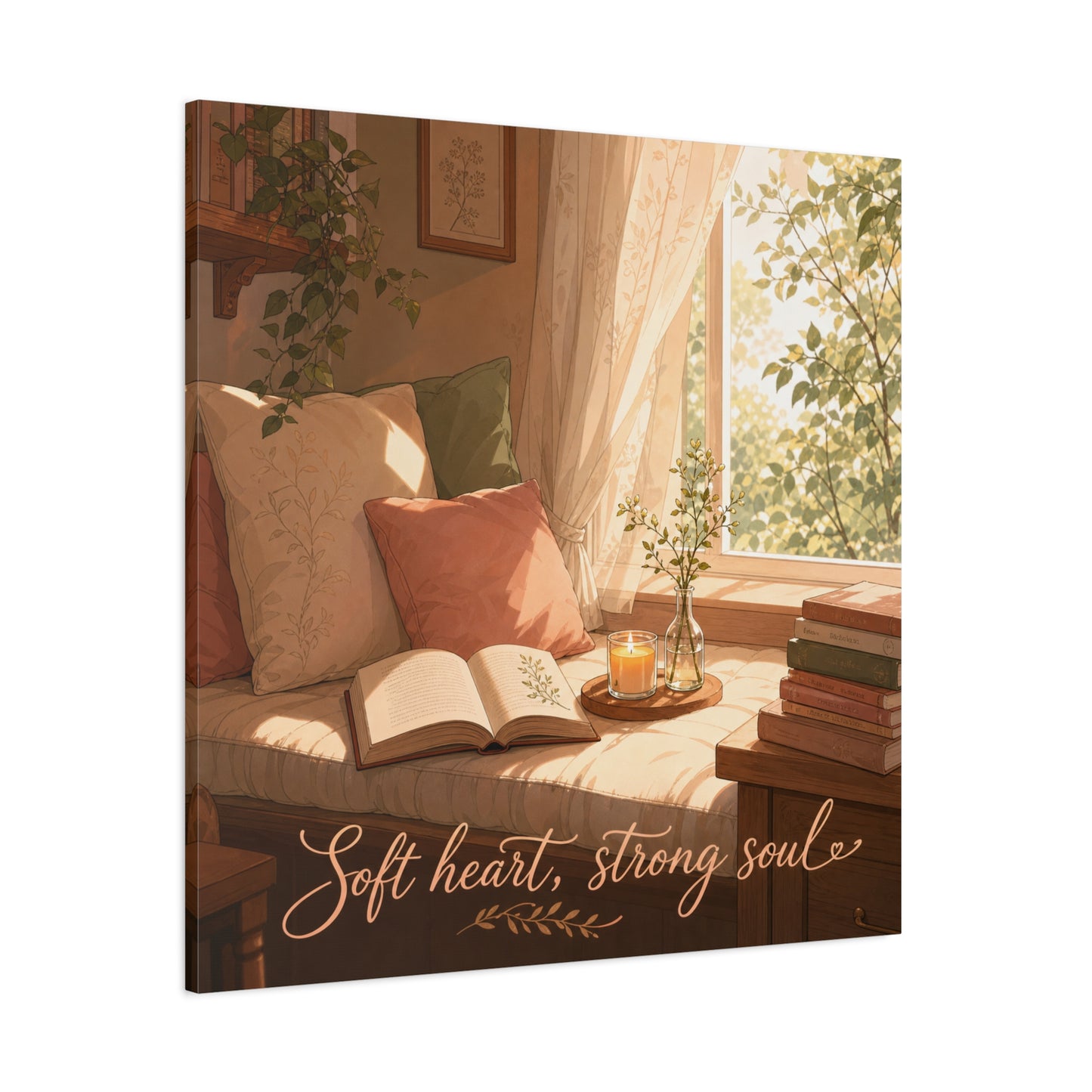 "Soft Heart, Strong Soul" Reading Nook Canvas Wall Art - Sunlit Window Seat, Books, Candle, Botanical Bedroom Decor - Cozy Cottagecore Style - Living Room Wall Decor - Bedroom Home Decoration