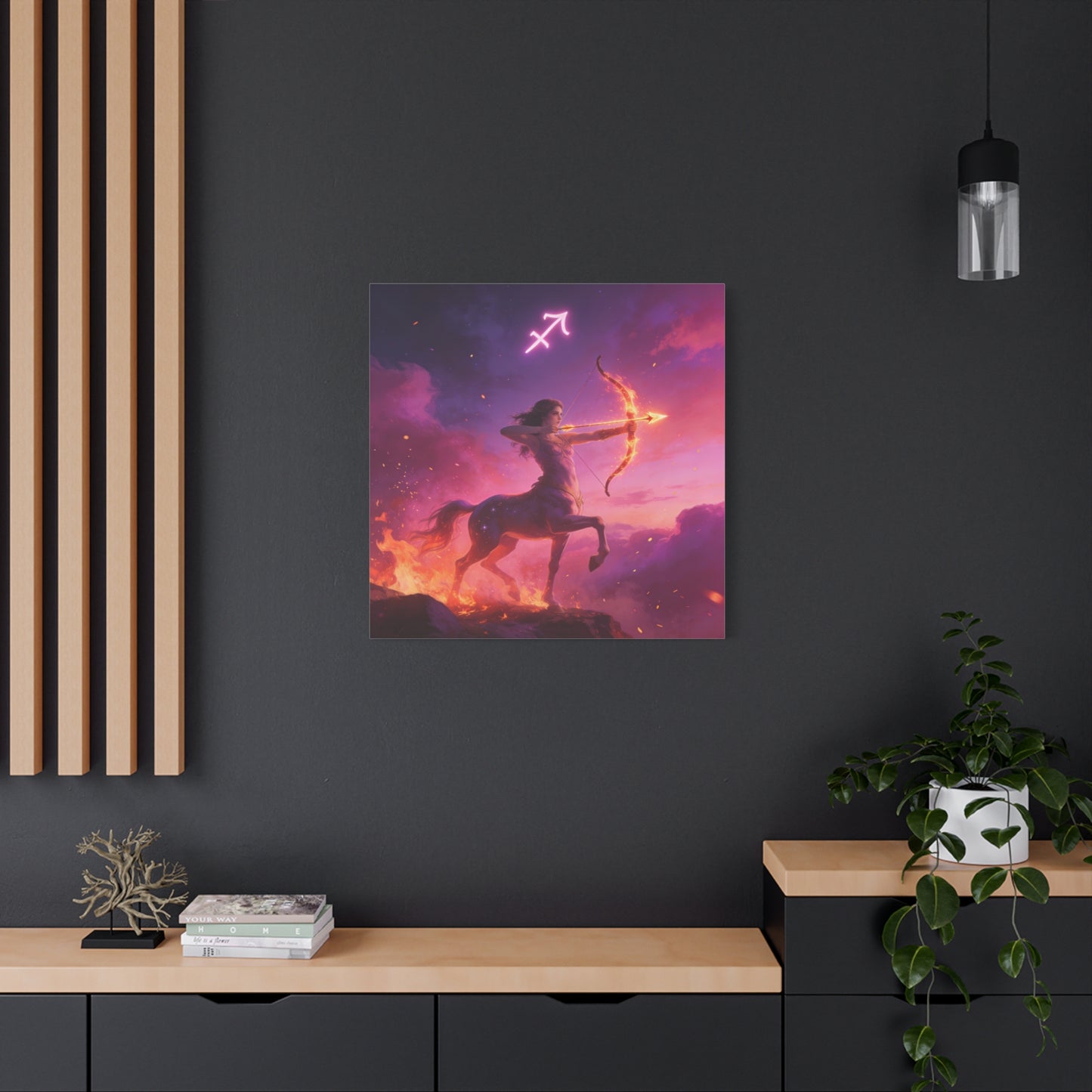 Sagittarius Centaur Archer Canvas Wall Art - Zodiac Fantasy Fire Bow Illustration - Purple Pink Matte Canvas Print - Bedroom Home Decoration, Living Room Wall Decor, Celestial Decor - Ready to Hang