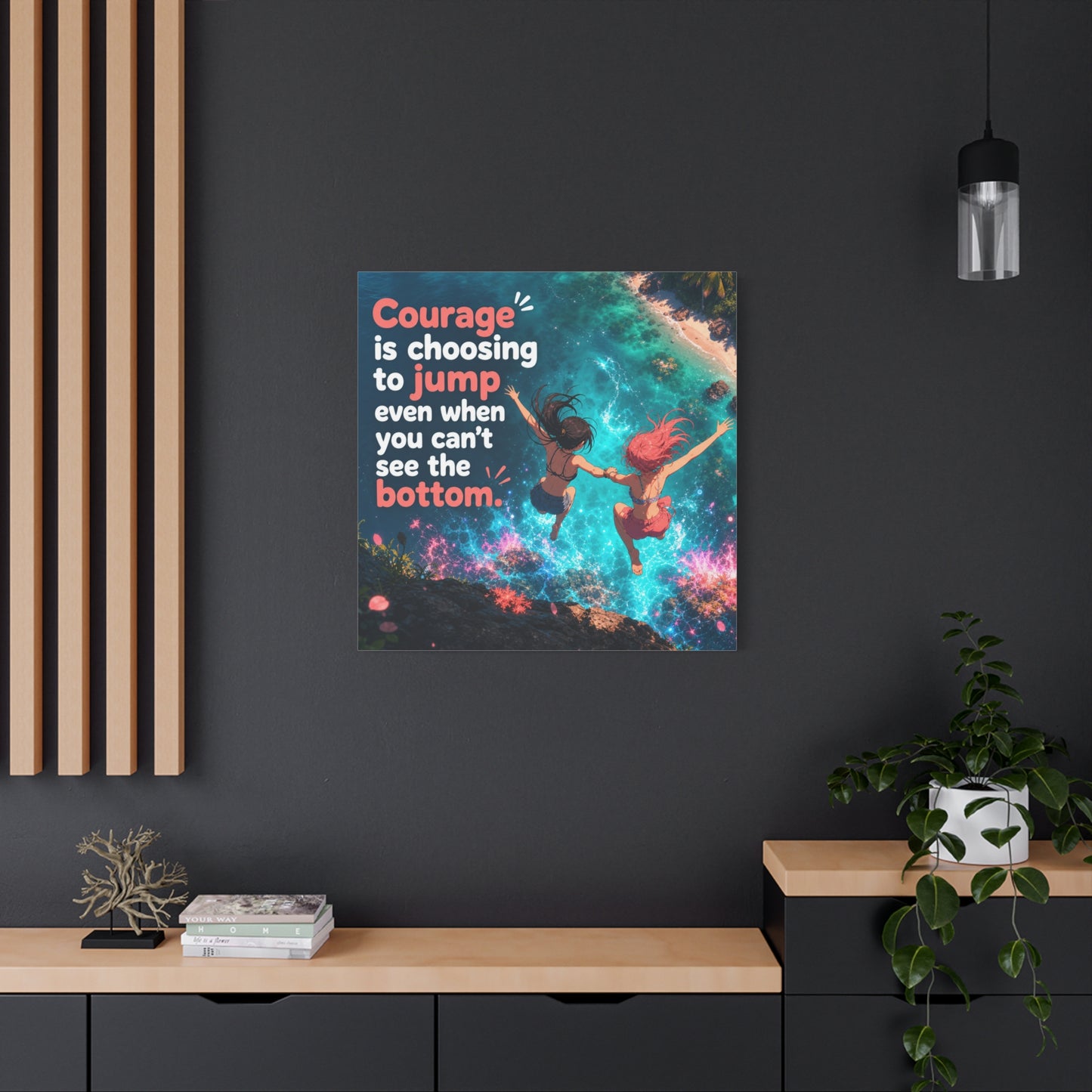 "Courage Is Choosing To Jump Even When You Can't See The Bottom" Canvas Wall Art - Coastal Quote Illustration, Inspirational Ocean Cliff Scene, Bedroom Wall Decor, Teen Space Accent - Ready to Hang