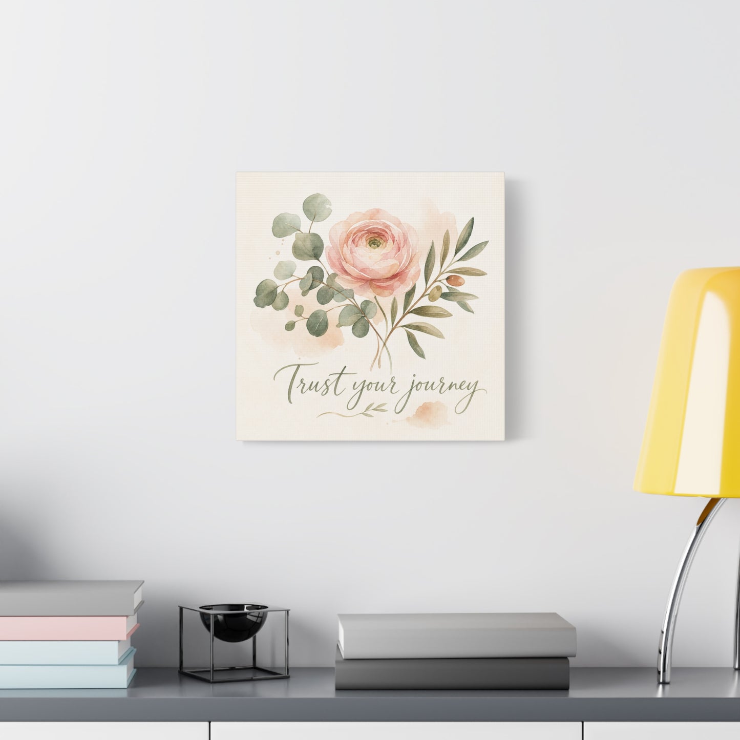 "Trust Your Journey" Floral Canvas Wall Art - Blush Rose, Eucalyptus Botanical Watercolor - Inspirational Home Decor - Bedroom Wall Hanging, Modern Farmhouse Style, Office Accent - Ready to Hang