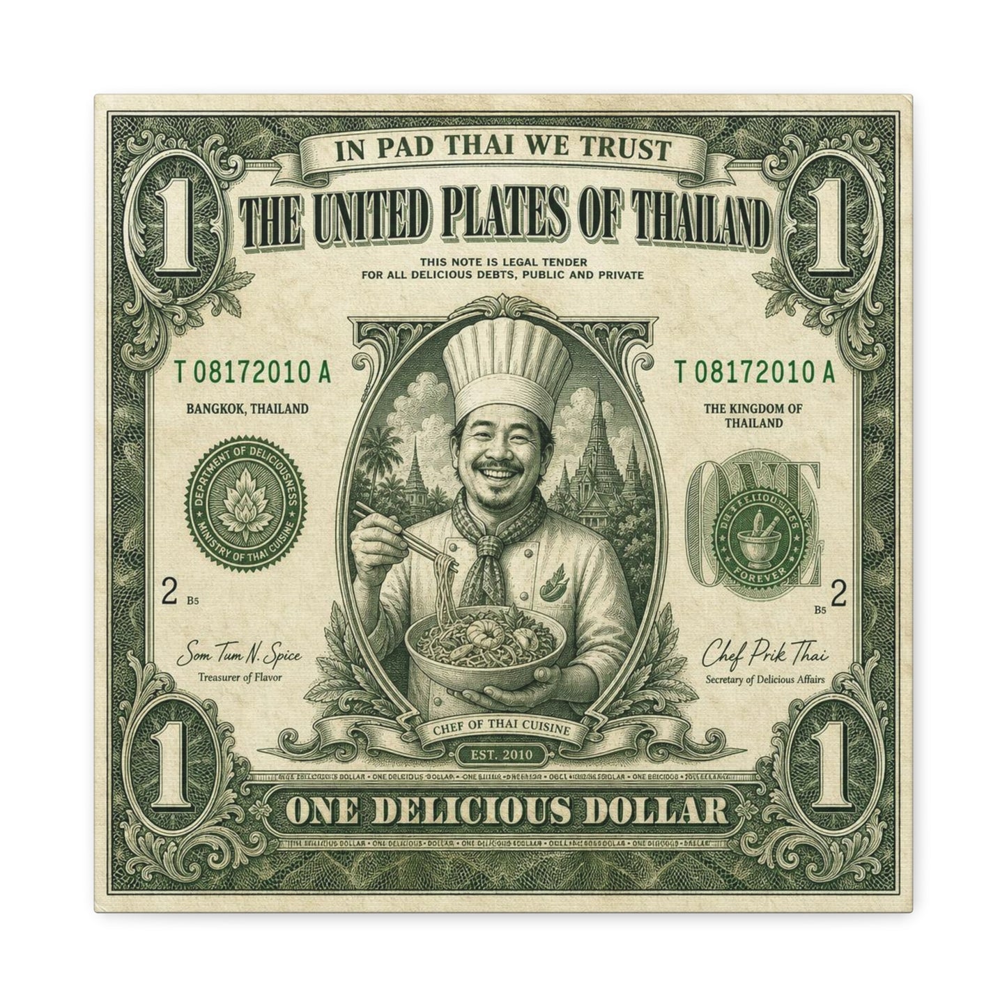 "In Pad Thai We Trust" Typography Canvas Wall Art - Vintage Thai Currency Illustration, Chef Portrait, Bangkok Thailand Food Poster Style - Kitchen Wall Decor, Dining Room Accent - Ready to Hang