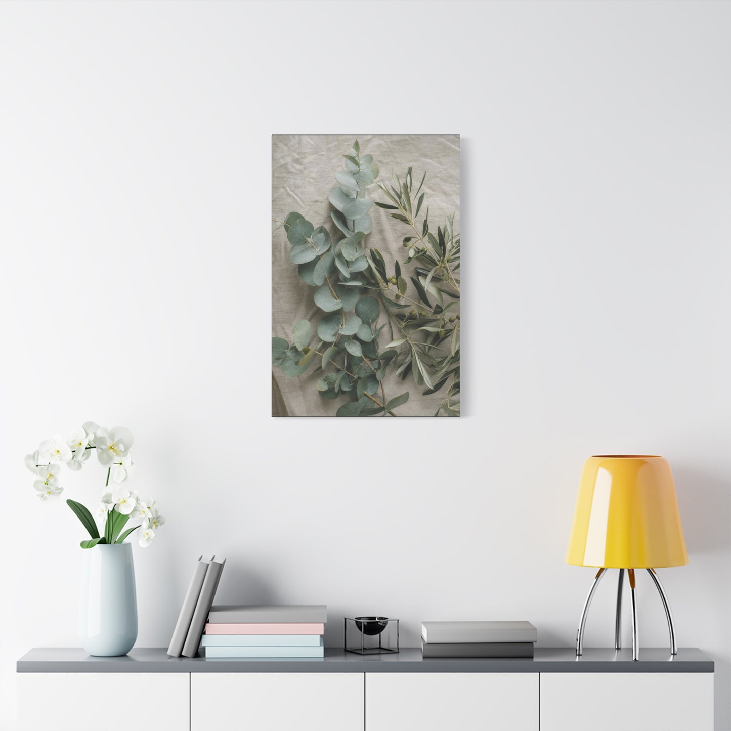 Eucalyptus And Olive Branch Canvas Wall Art - Botanical Still Life, Soft Sage Beige Tones - Matte Cotton Print, Minimalist Traditional Style - Bedroom Decoration, Spa Accent - Living Room Wall Decor