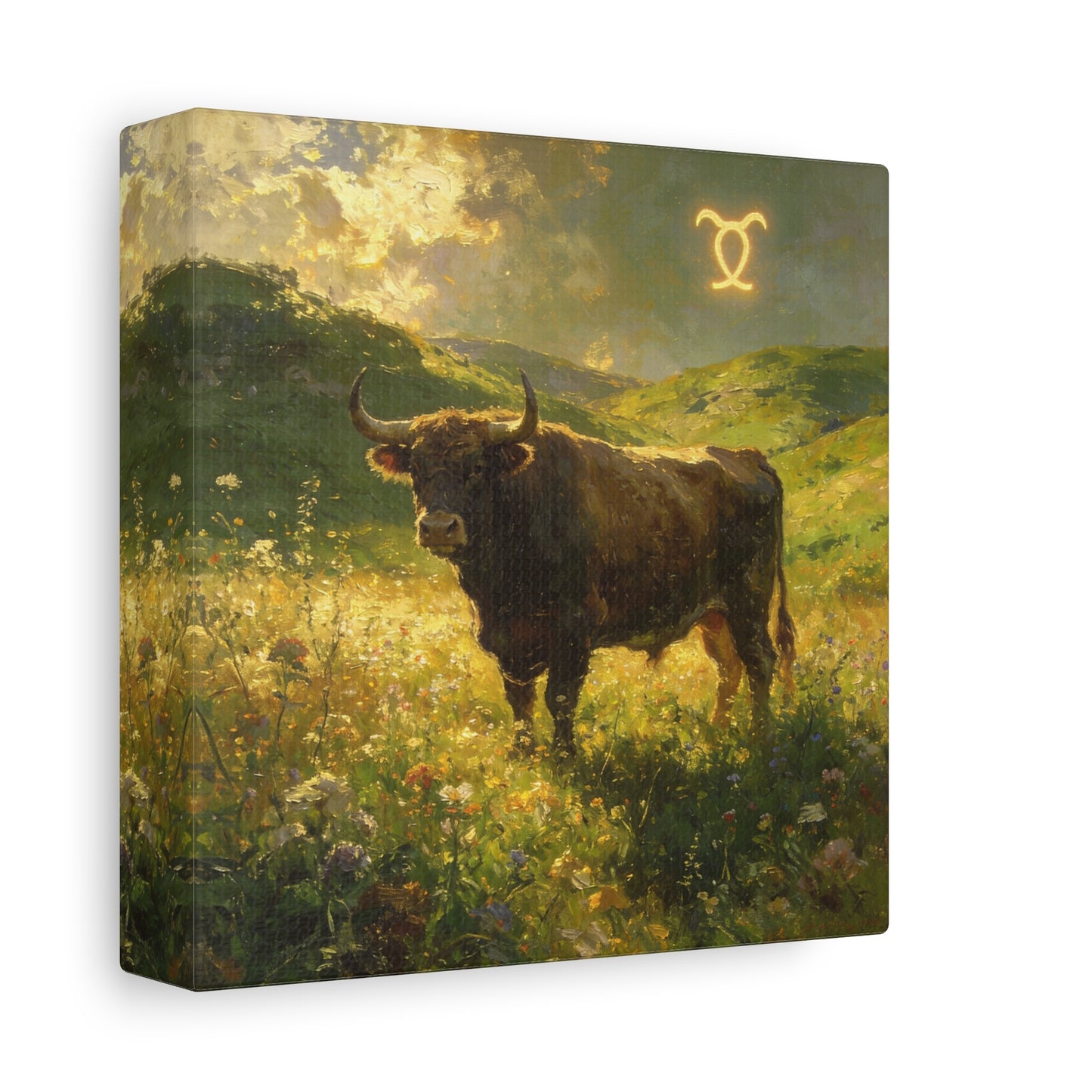 Taurus Bull Canvas Wall Art - Golden Meadow Landscape Painting, Zodiac Symbol, Rustic Contemporary Cotton Canvas Print, Living Room Wall Decor, Bedroom Home Decoration, Office Art Accent