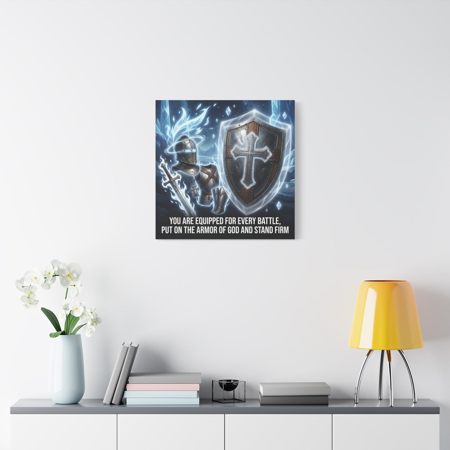 "You Are Equipped For Every Battle, Put On The Armor Of God And Stand Firm" Christian Canvas Wall Art - Knight Armor, Cross Shield, Scripture Decor - Blue Fantasy Style - Living Room - Office Wall Art