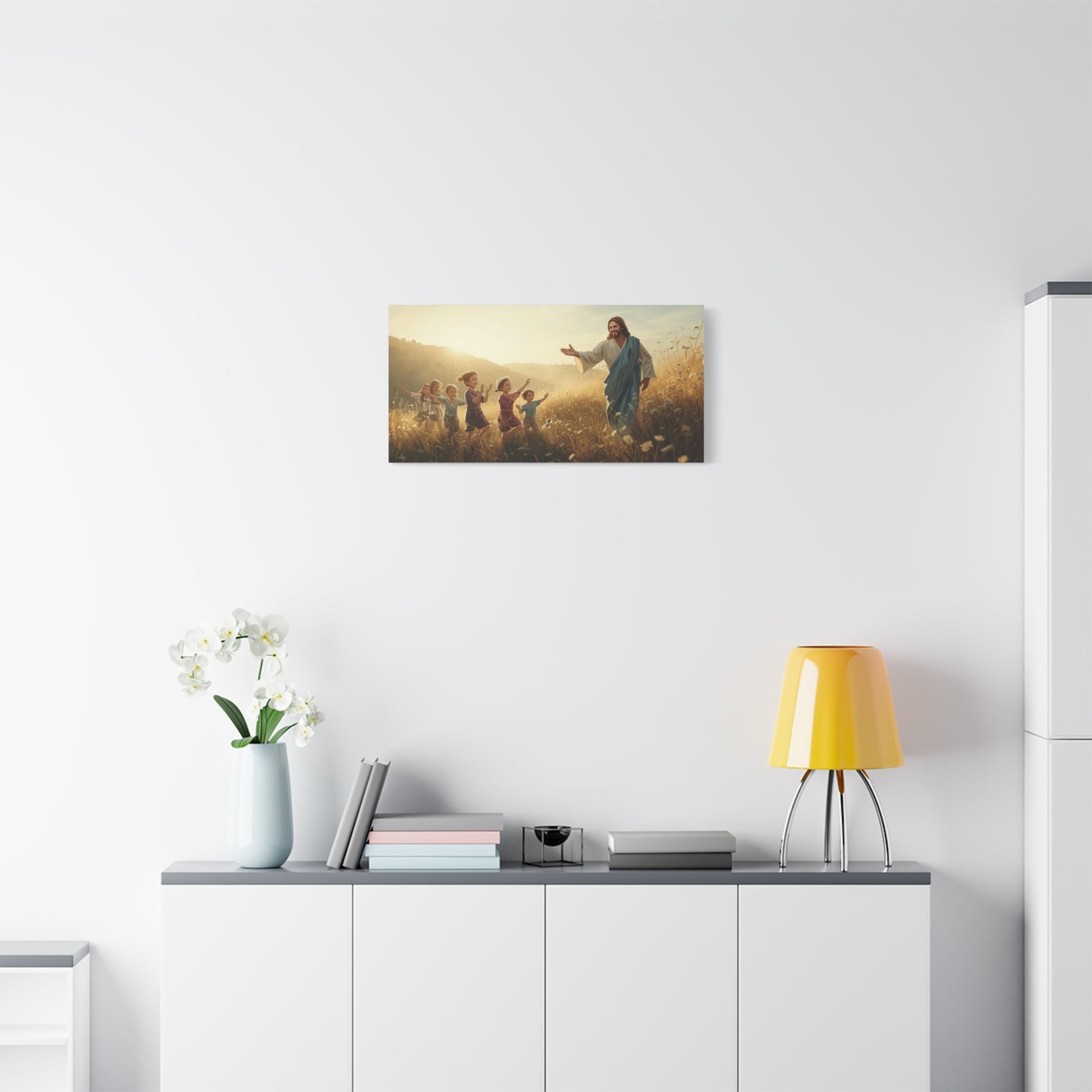 Jesus Christ With Children Canvas Wall Art - Golden Meadow Christian Print - Matte Cotton Ready to Hang - Traditional Religious Decor for Living Room, Bedroom, Nursery, Office - Living Room Wall Decor
