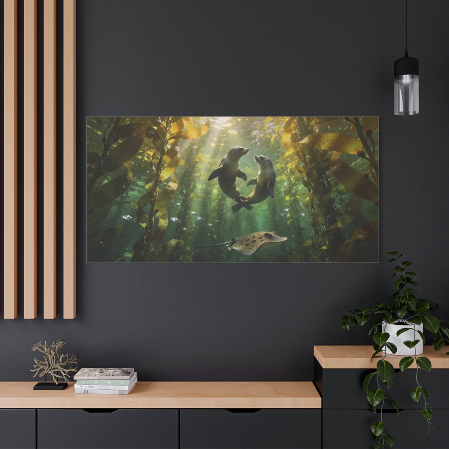 Sea Lion Kelp Forest Canvas Wall Art - Underwater Ocean Wildlife Print, Sunbeam Marine Scene, Matte Cotton Decor - Coastal Style Living Room Wall Decor, Bedroom Home Decoration - Cozy Reading Nook Art