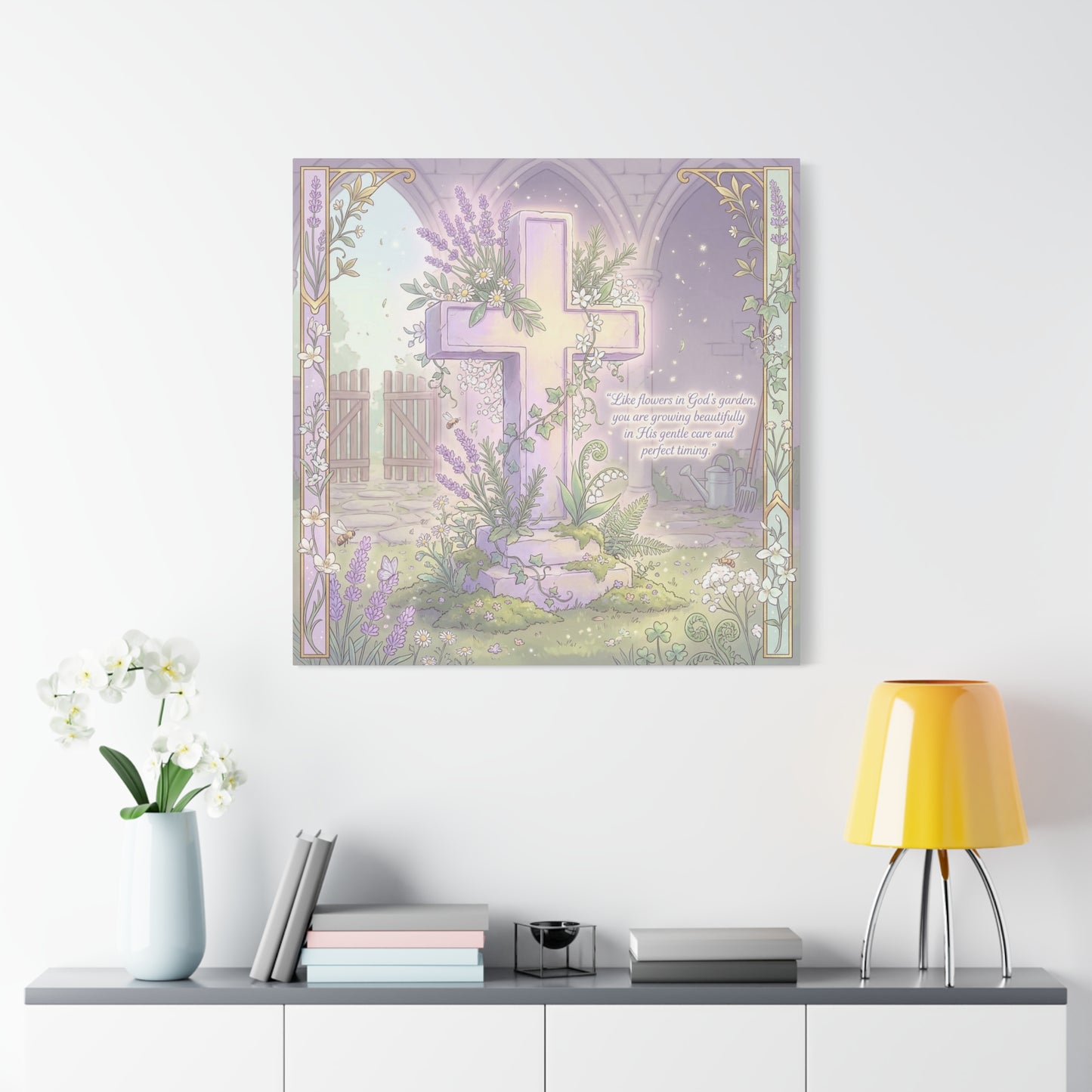 "Like Flowers In God's Garden, You Are Growing Beautifully" Christian Canvas Wall Art - Floral Cross Scripture Decor - Lavender Garden Illustration - Bedroom Home Decoration, Living Room Accent