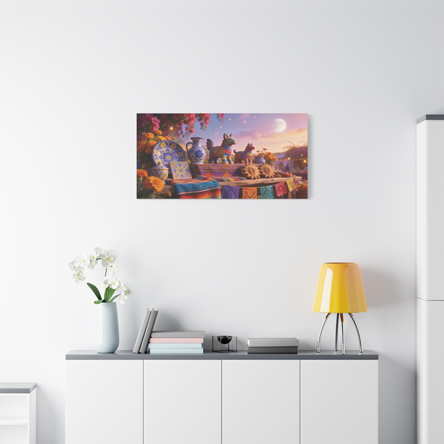 Talavera Pottery Folk Art Canvas Wall Art - Colorful Mexican Table Still Life, Moonlit Fiesta Decor - Matte Cotton Print - Bohemian Living Room Wall Decor, Dining Room Accent - Bedroom Home Decoration
