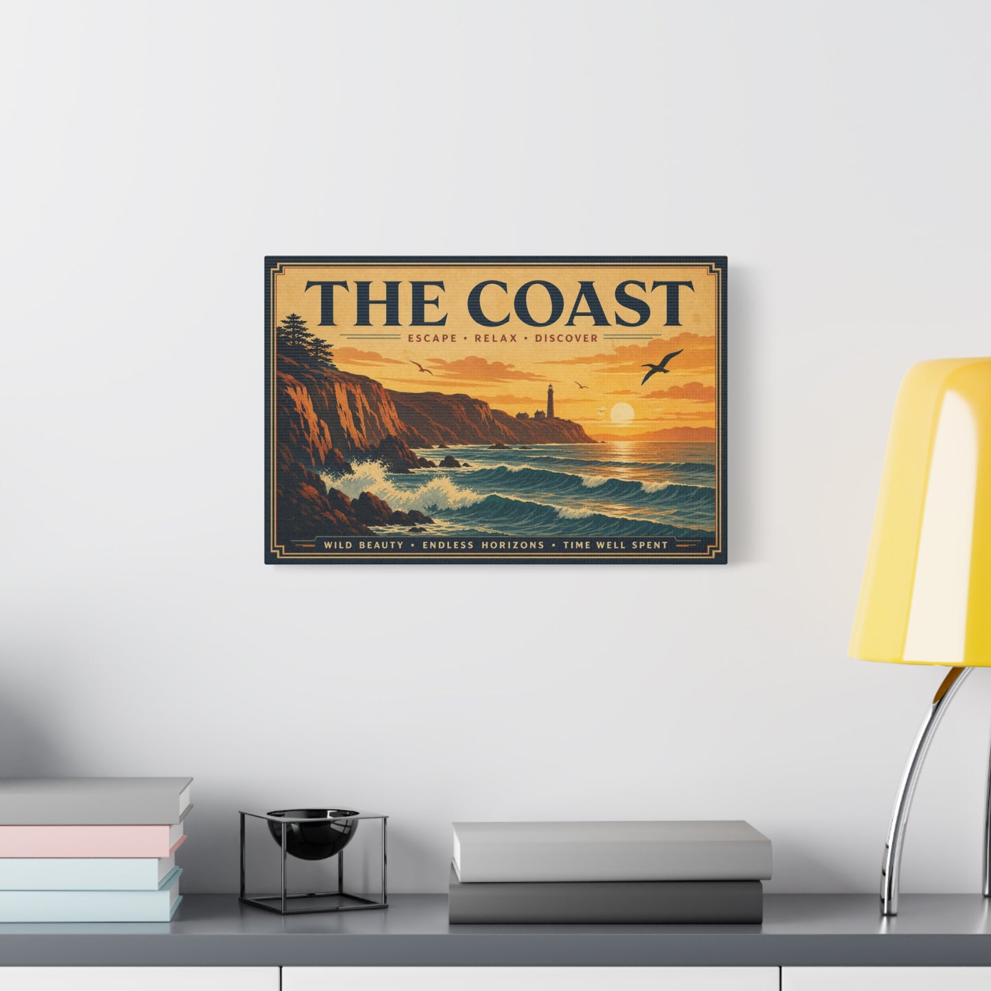 "The Coast" Coastal Canvas Wall Art - Vintage Lighthouse Sunset Ocean Waves Print - Retro Seascape Home Decor, Nautical Living Room Wall Decor - Modern Farmhouse Style - Bedroom Home Decoration
