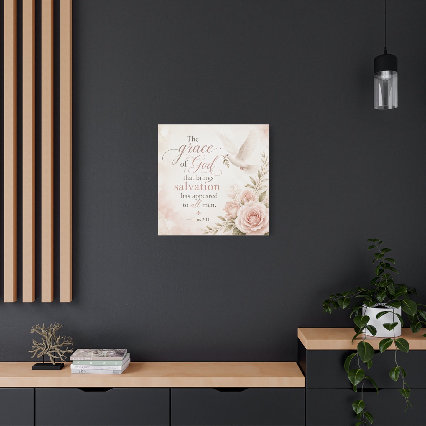 "The Grace Of God That Brings Salvation Has Appeared To All Men" Canvas Wall Art - Dove, Roses, Titus 2:11 Scripture Print - Blush Floral Christian Decor - Bedroom Living Room Accent - Office Wall Art