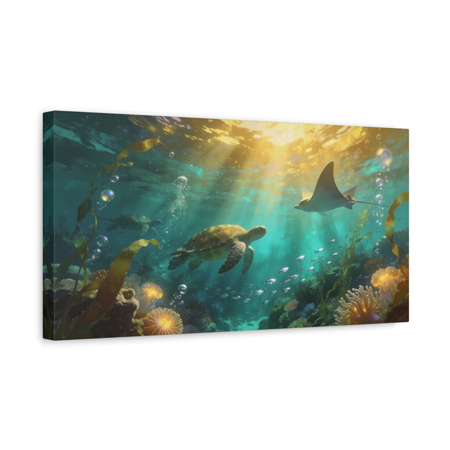 Sea Turtle And Stingray Canvas Wall Art - Sunlit Underwater Ocean Scene, Coral Reef Marine Life, Matte Cotton Print - Coastal Style, Living Room Wall Decor, Bedroom Home Decoration - Ready to Hang