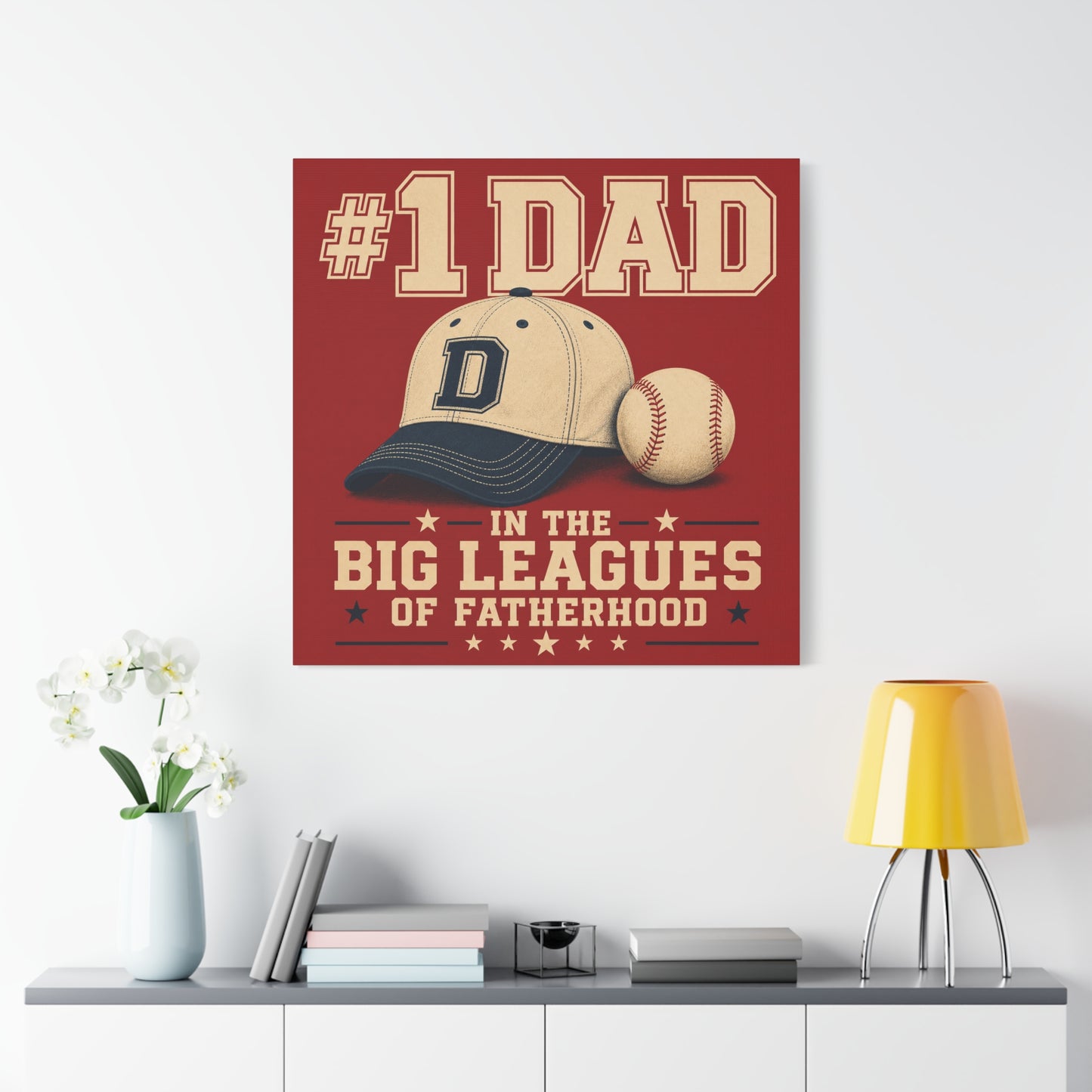 "#1 Dad In The Big Leagues Of Fatherhood" Baseball Canvas Wall Art - Vintage Sports Typography, Cap And Ball Illustration - Rustic Americana Style - Living Room Wall Decor - Bedroom Home Decoration