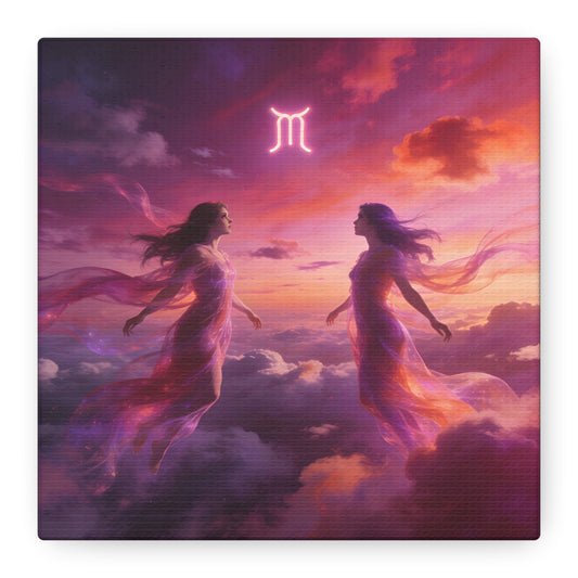 Gemini Zodiac Canvas Wall Art - Twin Women In Celestial Sunset Clouds, Fantasy Astrology Print - Dreamy Purple Pink Sky - Modern Bedroom Wall Decor, Meditation Space Accent - Bedroom Home Decoration