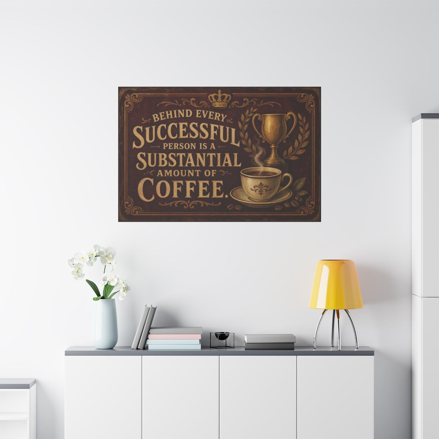 "Behind Every Successful Person Is A Substantial Amount Of Coffee." Canvas Wall Art - Vintage Coffee Quote Decor, Rustic Typography Print - Ready to Hang - Cafe Wall Art - Bistro Decor