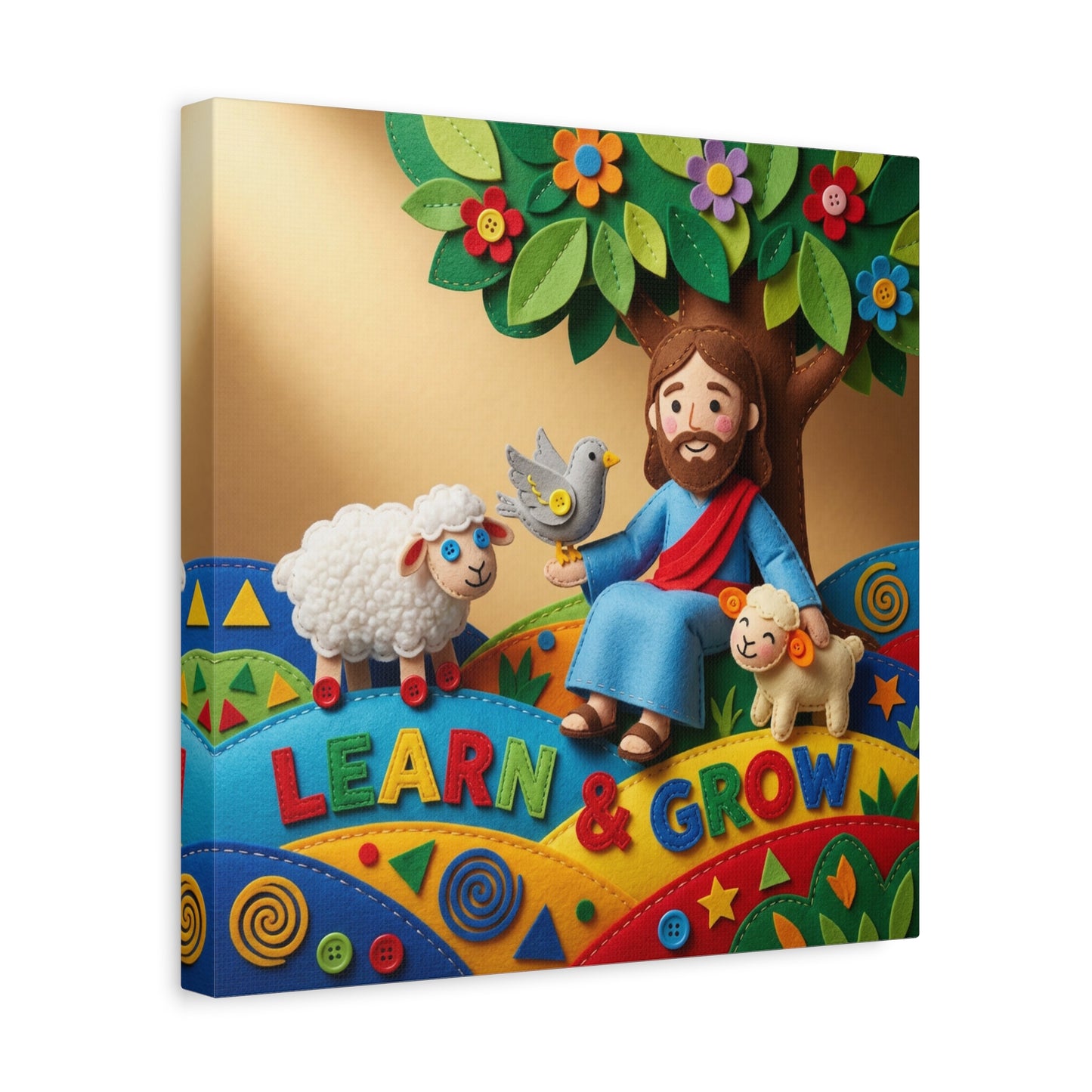 "Learn & Grow" Jesus Canvas Wall Art - Christian Nursery Decor, Lamb And Dove Under Tree - Colorful Felt Style Canvas Print - Kids Room Wall Hanging, Classroom Decoration - Ready to Hang