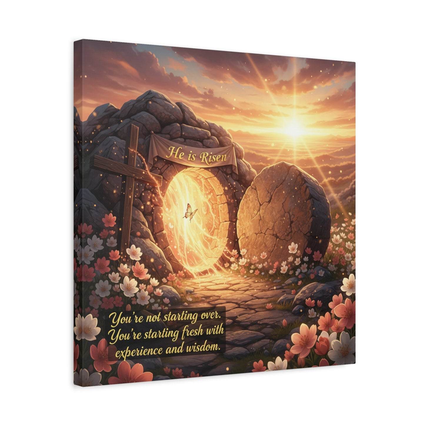 "He Is Risen" Christian Canvas Wall Art - Empty Tomb Cross Sunrise Scripture Print - Floral Faith Home Decoration - Modern Farmhouse Style