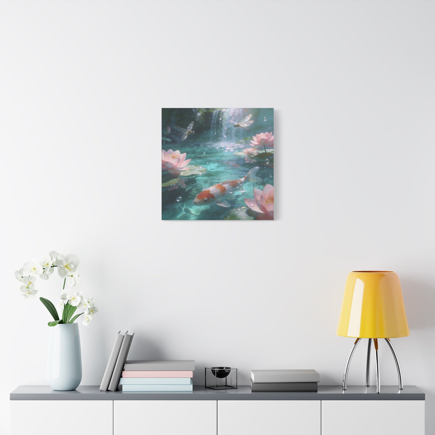 Koi Fish Lotus Canvas Wall Art - Dragonflies Over Teal Pond Water, Pink Water Lily Floral Scene - Dreamy Matte Canvas Print - Bedroom Wall Decor, Living Room Home Accent - Bedroom Home Decoration