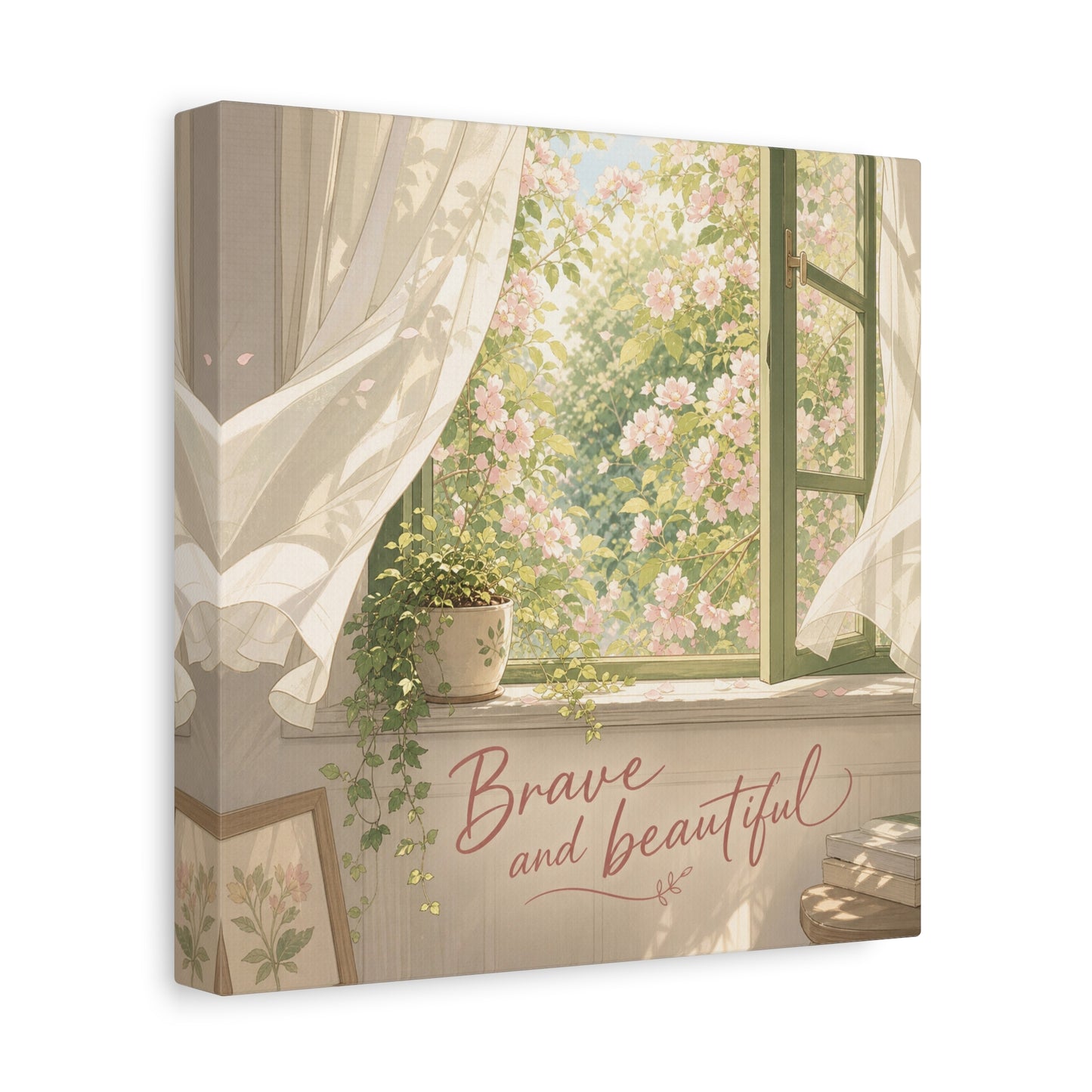 "Brave And Beautiful" Inspirational Canvas Wall Art - Open Window Pink Blossoms, Sheer Curtains, Botanical Quote Print - Soft Vintage Style - Bedroom Wall Decor, Living Room Accent - Ready to Hang