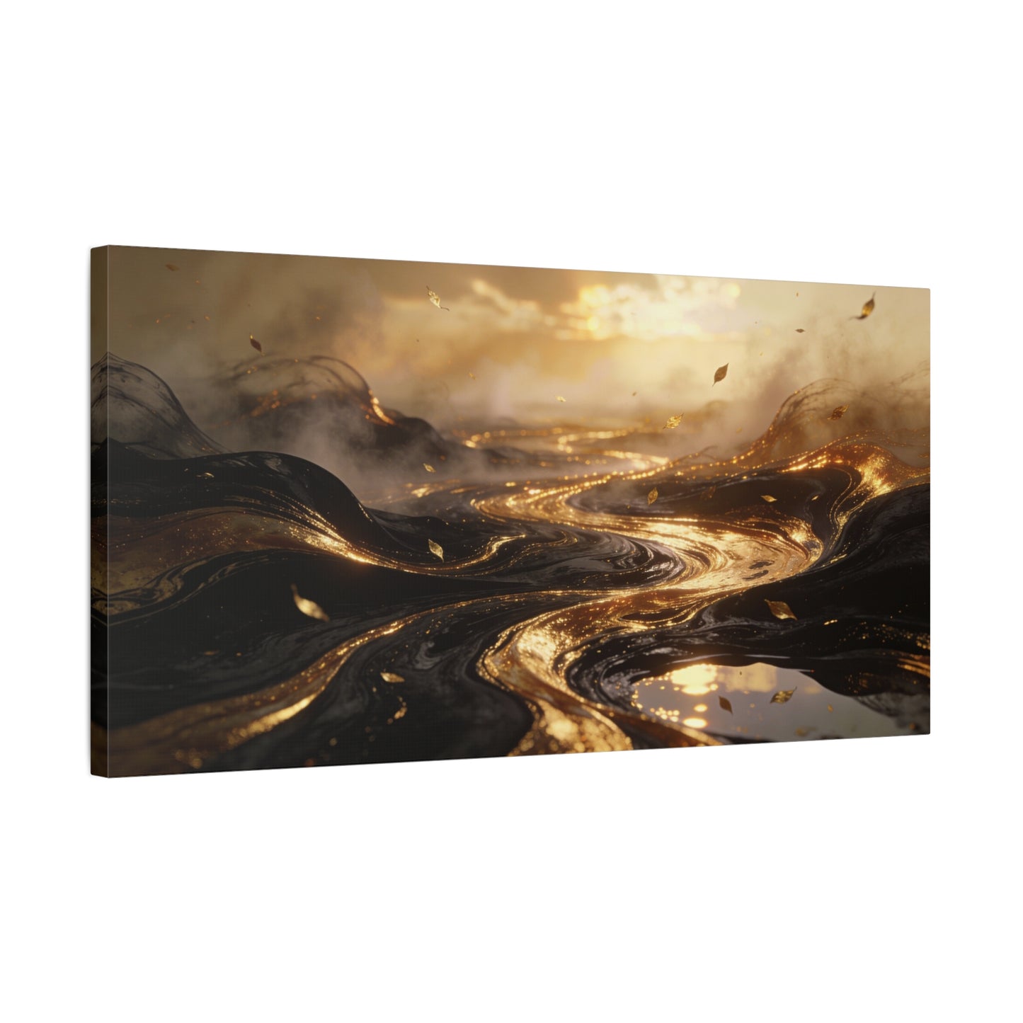 Abstract Gold River Canvas Wall Art - Luminous Flowing Landscape, capiz shells wall decor - Matte Cotton Print, Contemporary Style - Living Room Wall Decor, Bedroom Home Decoration - Ready to Hang
