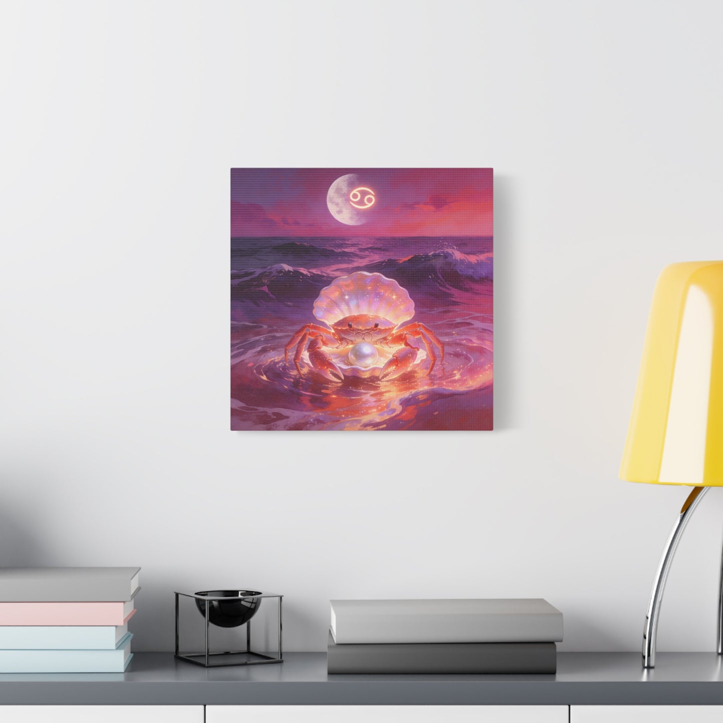 Cancer Zodiac Crab Canvas Wall Art - Moonlit Ocean Pearl Illustration, Pink Purple Seascape - Surreal Coastal Style - Living Room Wall Decor, Bedroom Home Decoration - Bedroom Home Decoration