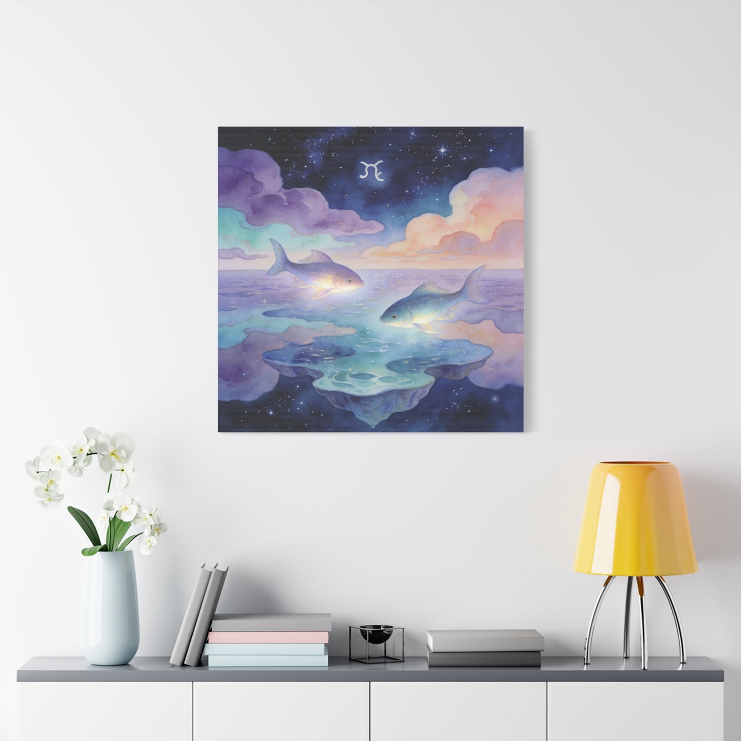 Pisces Zodiac Canvas Wall Art - Celestial Fish Over Dreamlike Sea, Watercolor Illustration - Mystical Night Sky, Matte Canvas Print - Bedroom Wall Decor, Meditation Space Accent - Ready to Hang
