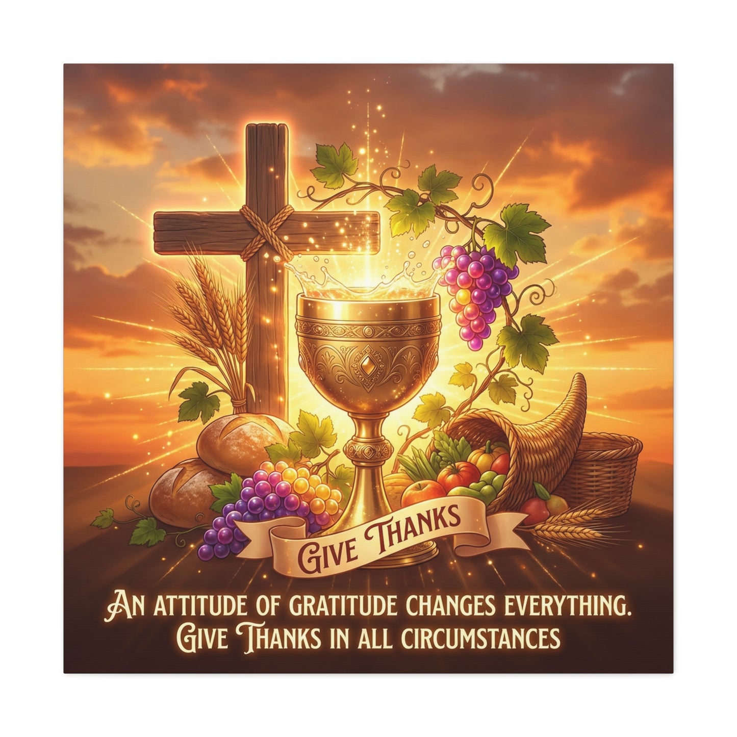 "Give Thanks" Christian Canvas Wall Art - Cross, Communion Chalice, Grapes, Bread - Gratitude Scripture Decor, Matte Cotton Print - Ready to Hang
