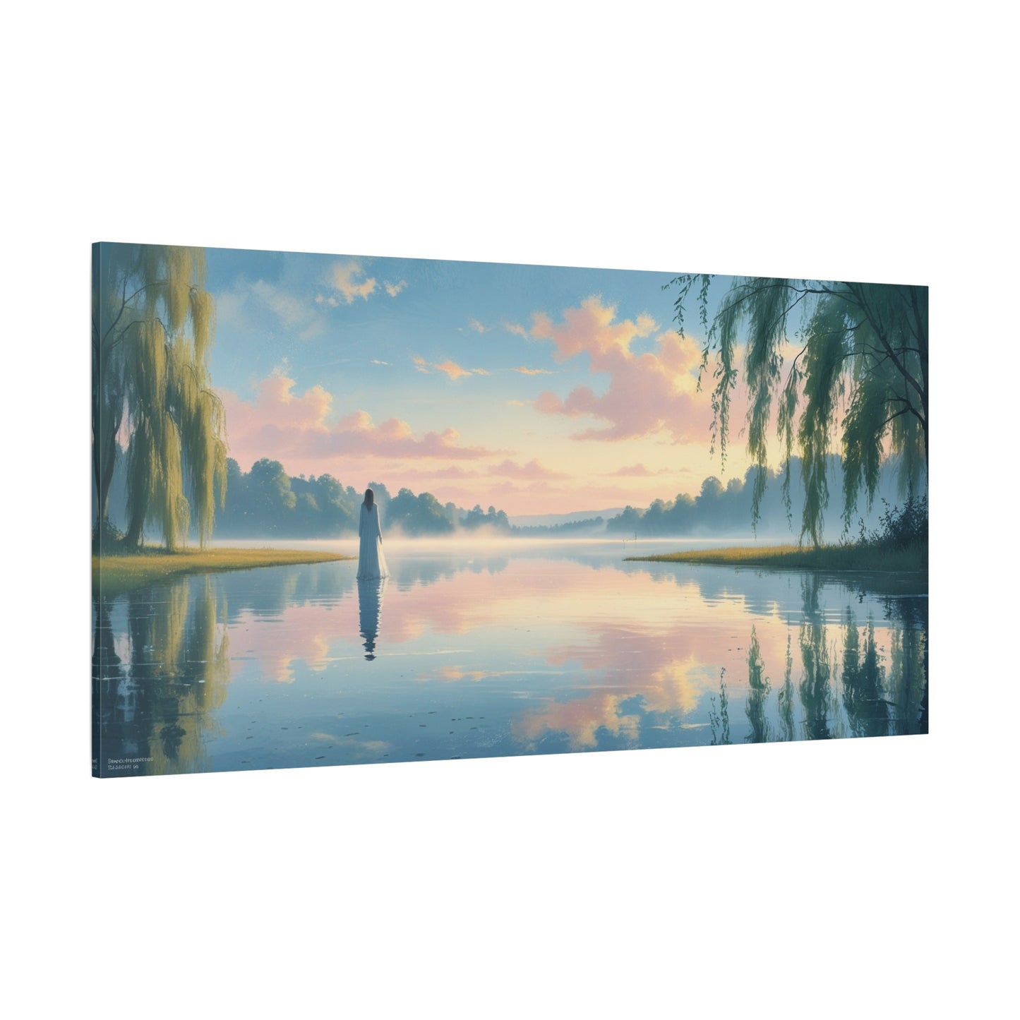Woman In White By Misty Lake Canvas Wall Art - Pastel Sunrise Waterscape, Willow Trees Reflection - Matte Cotton Print - Contemporary Landscape Decor For Living Room Bedroom Office - Office Wall Art