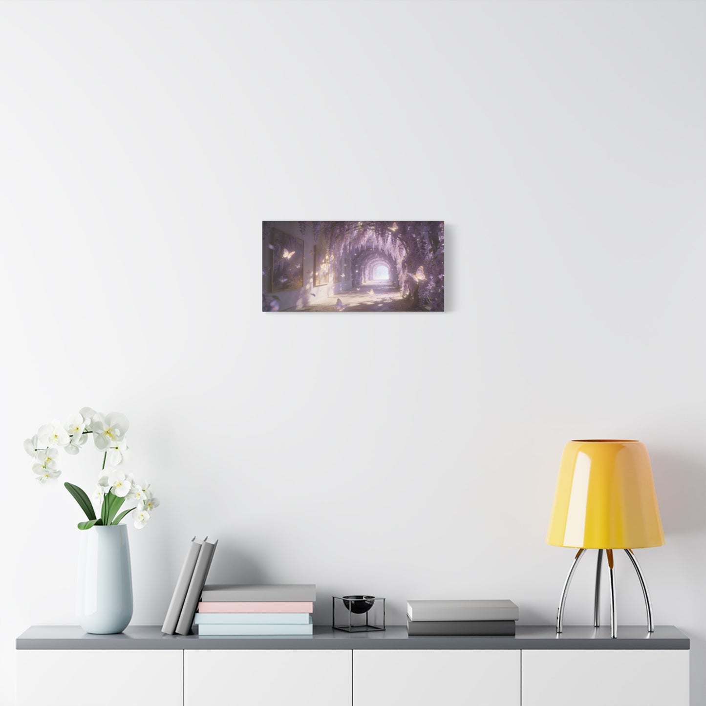 Wisteria Butterfly Canvas Wall Art - Dreamy Floral Tunnel Illustration, Lavender Glow, Matte Cotton Print - Contemporary Fantasy Style - Bedroom Wall Decor, Living Room Home Accent - Ready to Hang