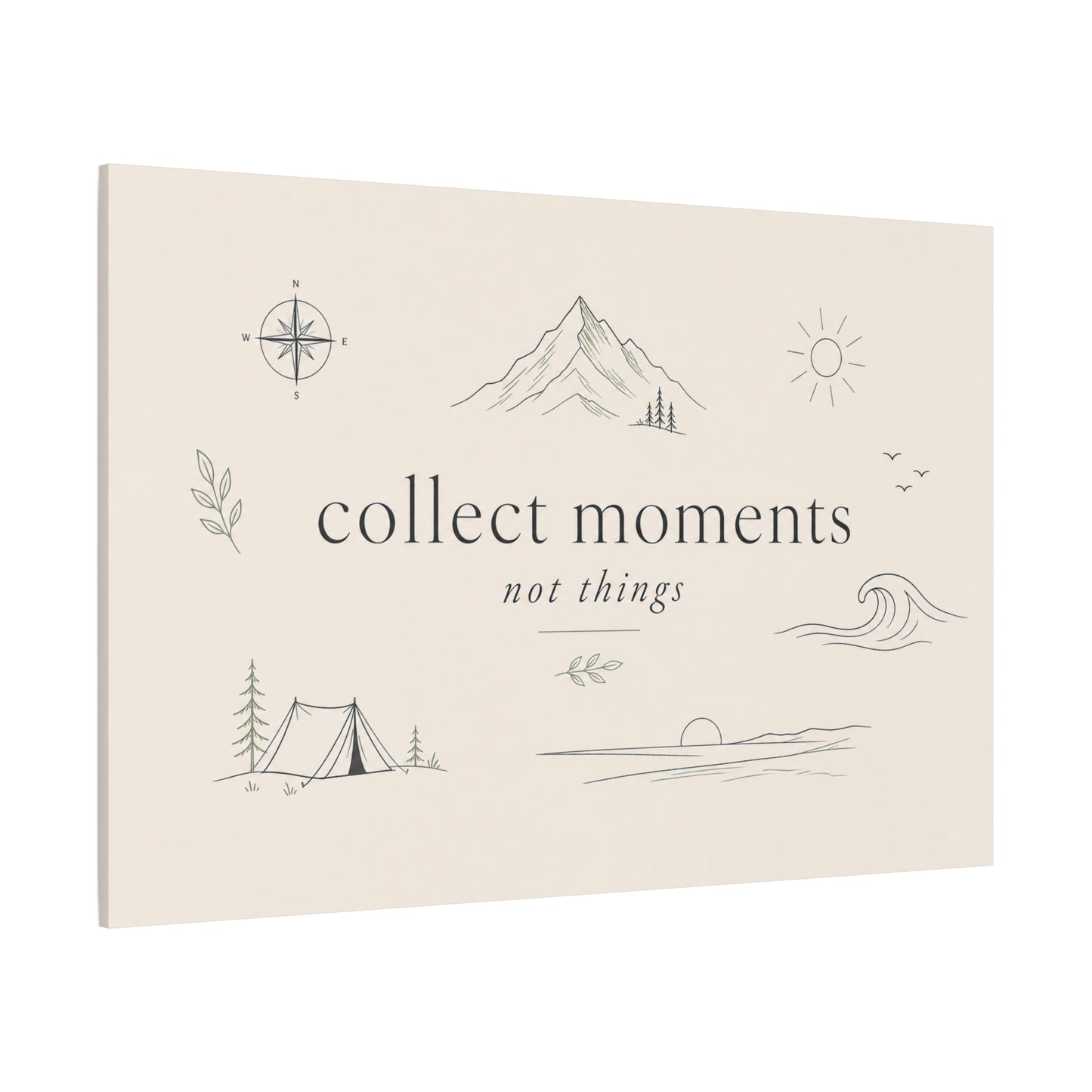 "Collect Moments Not Things" Minimalist Canvas Wall Art - Mountain, Compass, Wave Line Drawing - Neutral Typography Print - Boho Modern Wall Decor For Living Room, Bedroom, Office Accent