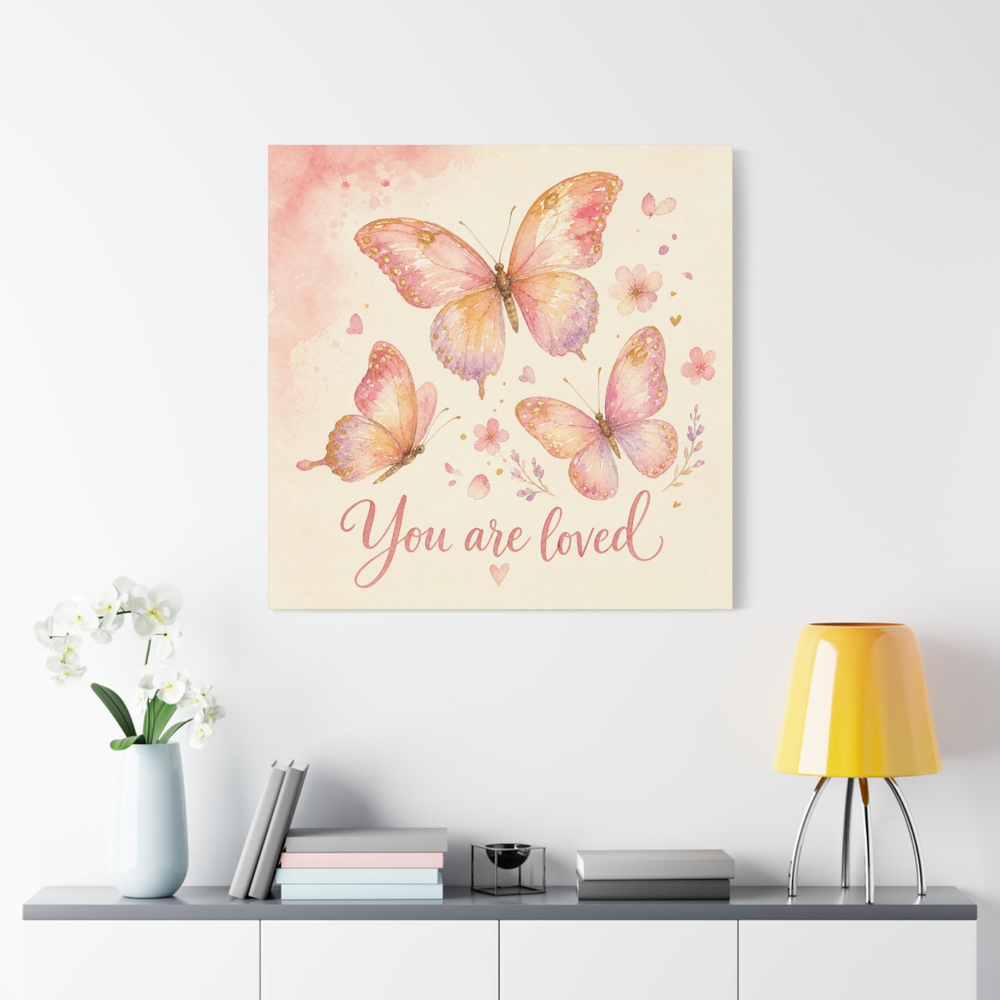 "You Are Loved" Butterfly Canvas Wall Art - Pink Watercolor Butterflies, Inspirational Nursery Decor - Soft Pastel Floral Home Decoration - Bedroom Wall Hanging, Baby Girl Room Accent - Ready to Hang
