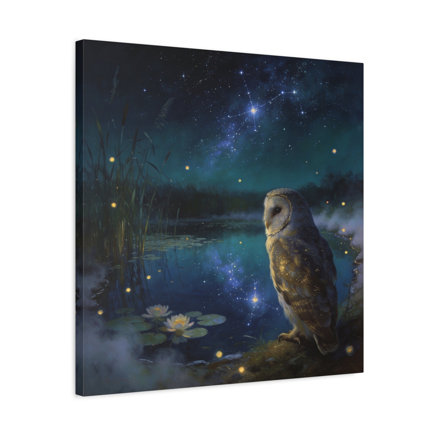 Barn Owl Canvas Wall Art - Moonlit Pond, Fireflies, Water Lilies, Starry Night Sky - Dreamy Wildlife Painting - Matte Finish Canvas Print - Bedroom Wall Decor, Nursery Accent - Bedroom Home Decoration