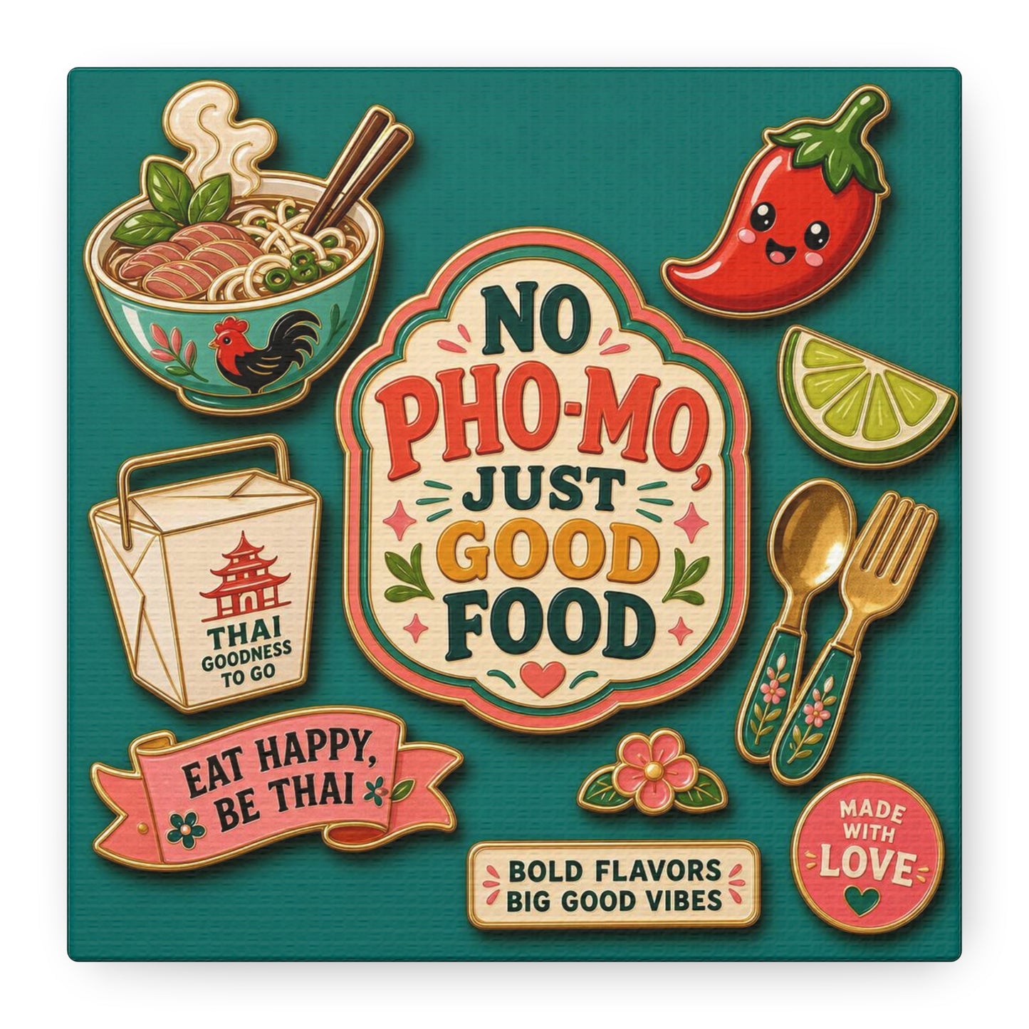 "No Pho-Mo Just Good Food" Canvas Wall Art - Thai Food Quote Kitchen Decor - Colorful Illustration Print, Retro Typography Style - Dining Room Accent, Cafe Wall Decor - Bedroom Home Decoration
