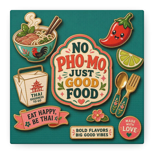 "No Pho-Mo Just Good Food" Canvas Wall Art - Thai Food Quote Kitchen Decor - Colorful Illustration Print, Retro Typography Style - Dining Room Accent, Cafe Wall Decor - Bedroom Home Decoration
