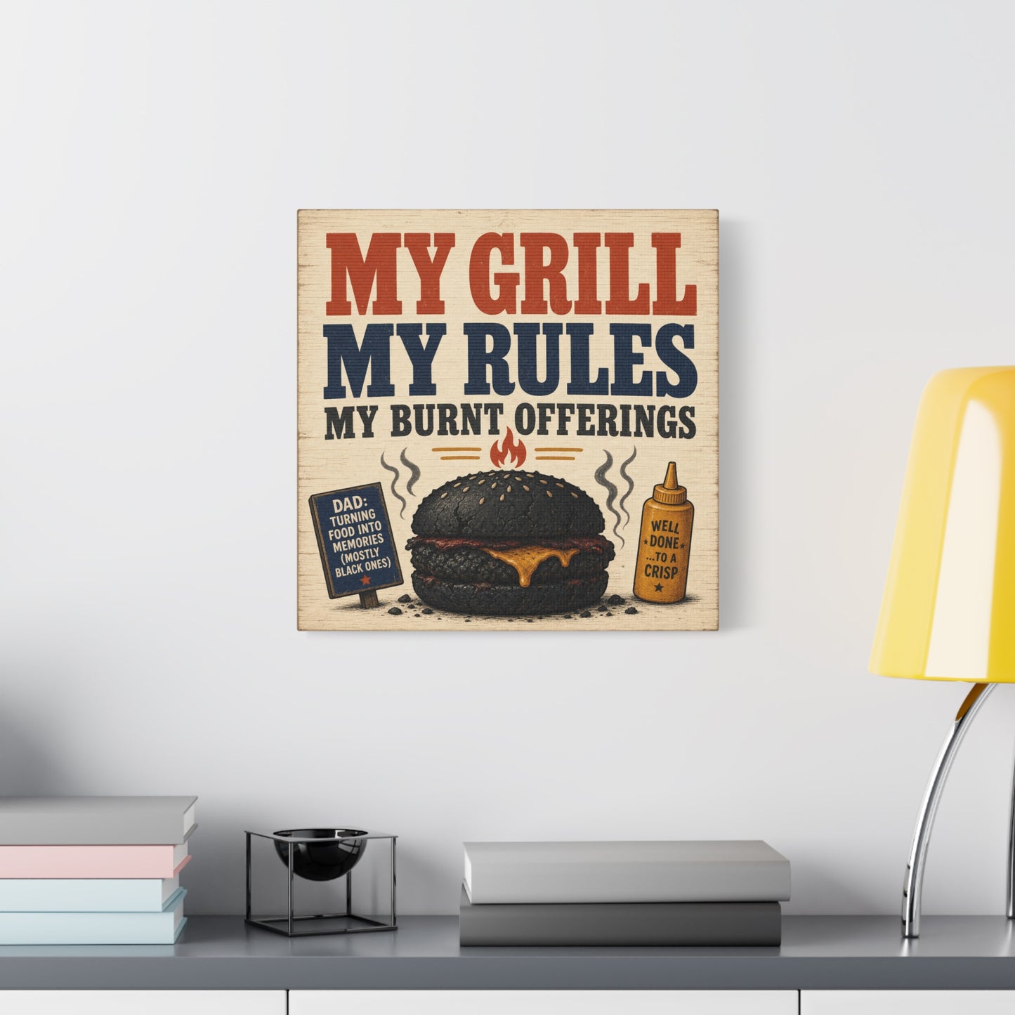 "My Grill My Rules My Burnt Offerings" Funny BBQ Canvas Wall Art - Burnt Burger Grill Sign, Rustic Farmhouse Kitchen Decor, Patriotic Red Blue Typography Print - Man Cave Wall Decor - Ready to Hang