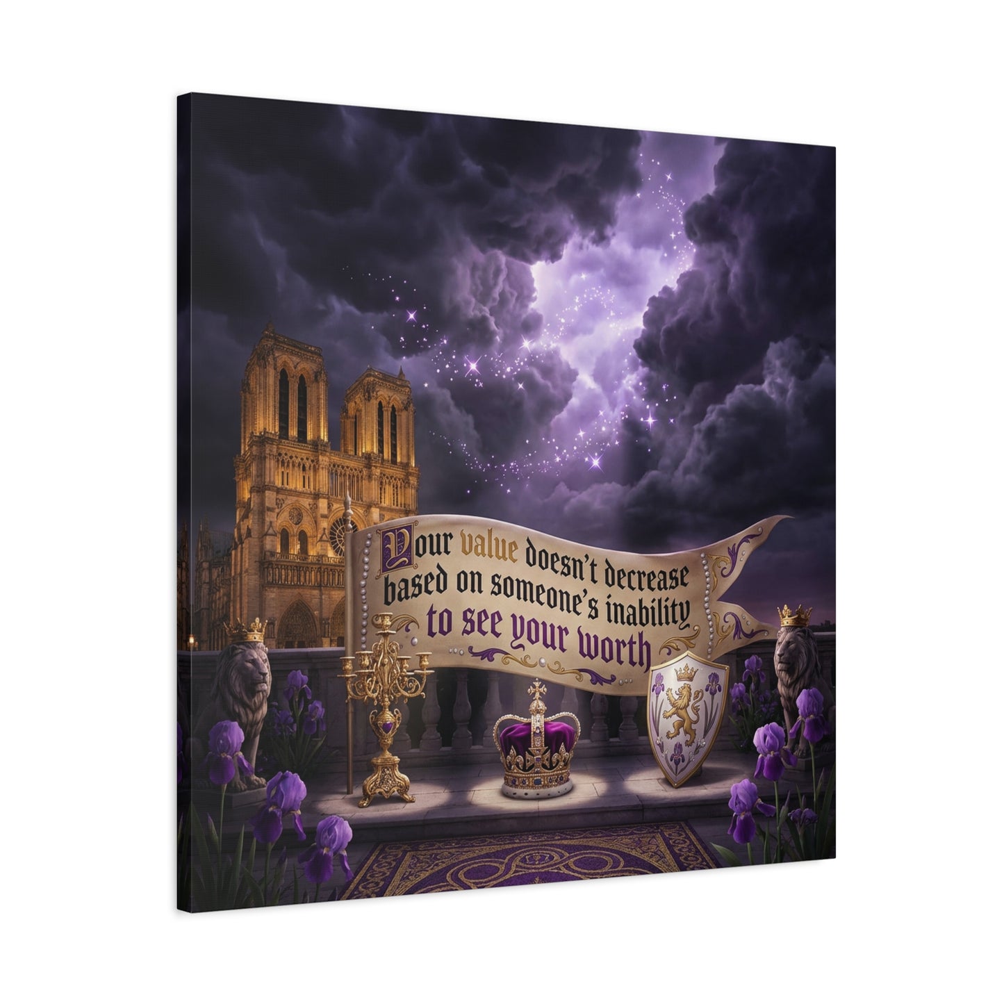 "Your Value Doesn't Decrease Based On Someone's Inability To See Your Worth" Canvas Wall Art - Gothic Cathedral, Purple Sky, Crown And Lions - Inspirational Home Decor - Living Room Bedroom