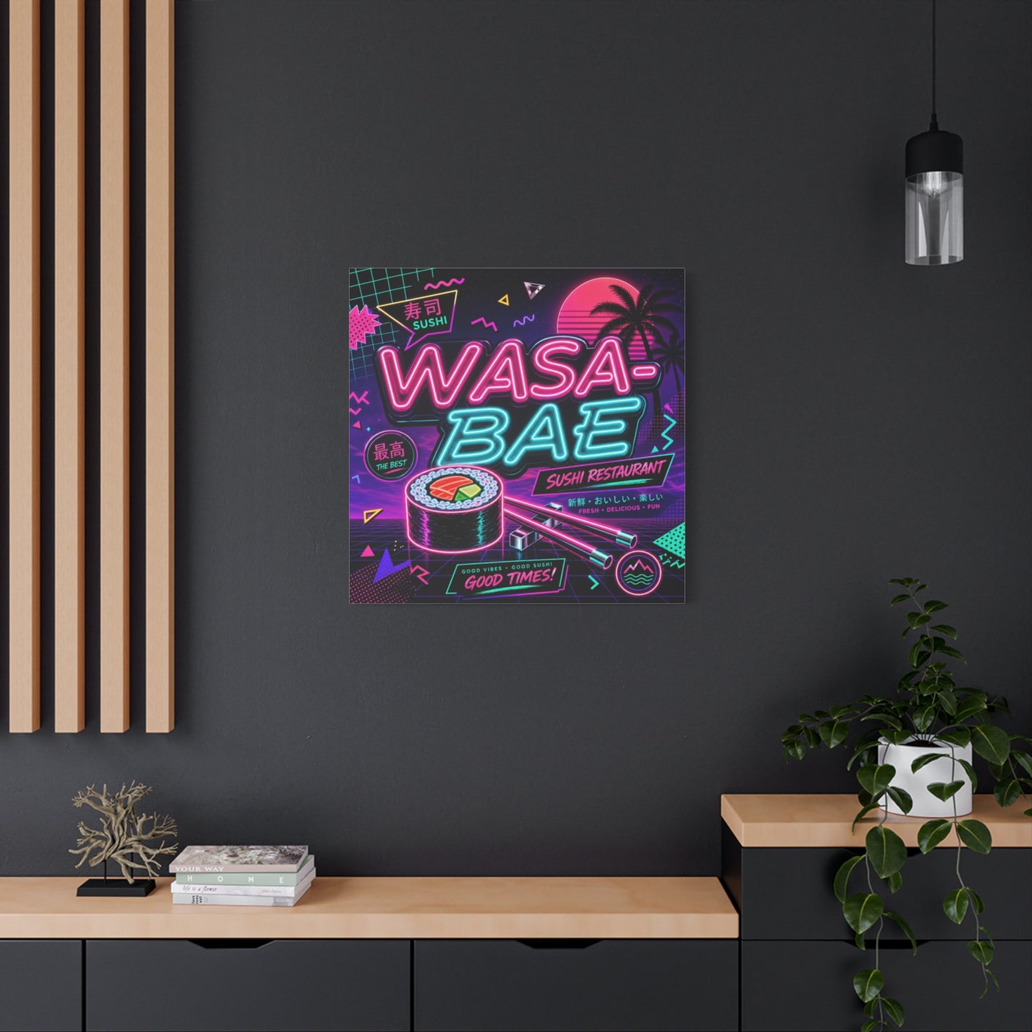 "WASA-BAE" Sushi Canvas Print - Neon Japanese Restaurant Sign, Retro Vaporwave Illustration - Matte Cotton Decor, Cafe Wall Accent, Dining Space Artwork, Lounge Interior Style - Office Wall Art