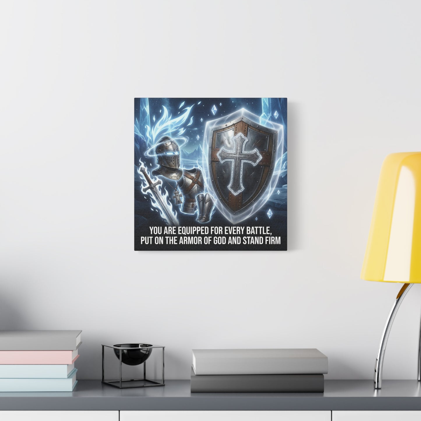 "You Are Equipped For Every Battle, Put On The Armor Of God And Stand Firm" Christian Canvas Wall Art - Knight Armor, Cross Shield, Scripture Decor - Blue Fantasy Style - Living Room - Office Wall Art