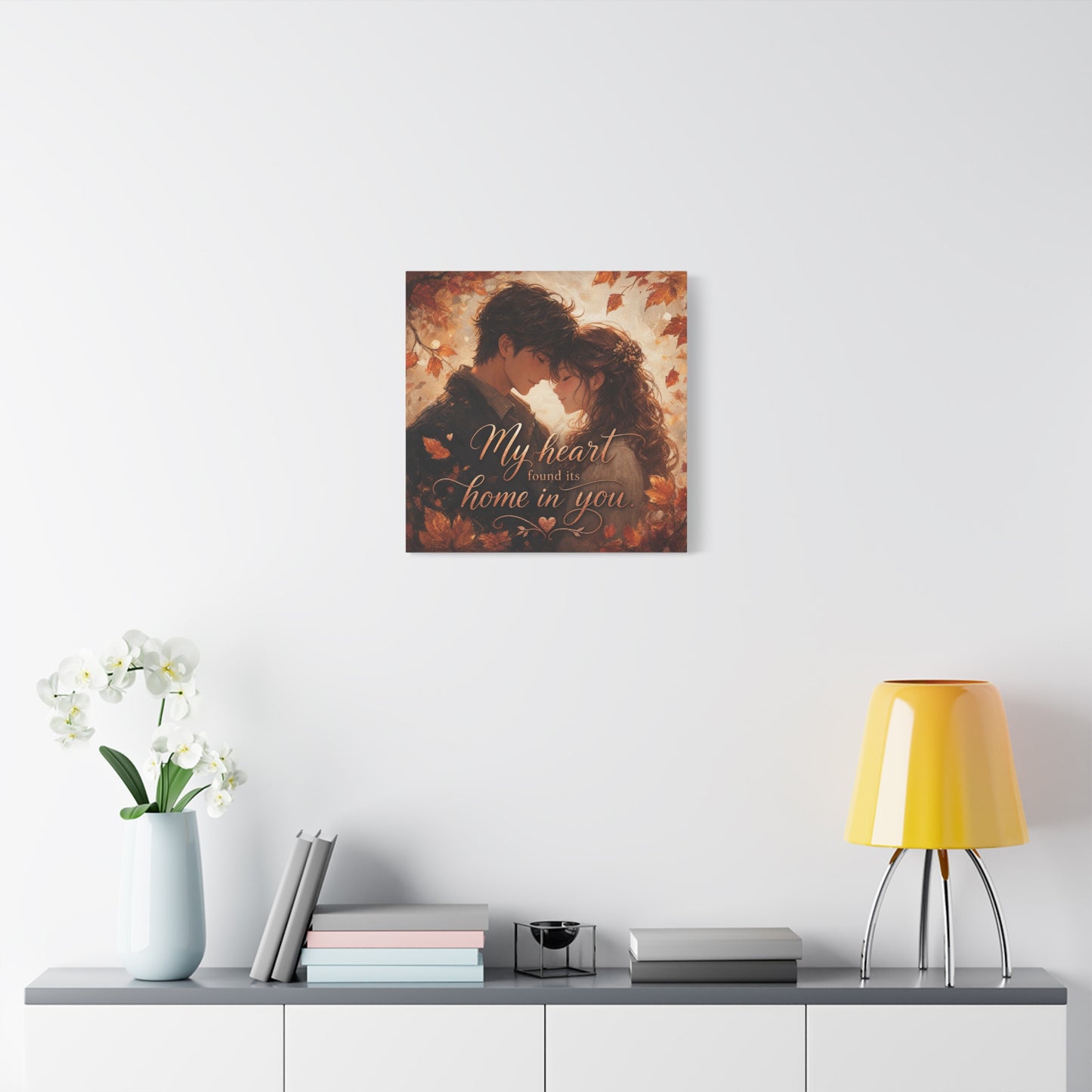 "My Heart Found Its Home In You" Romantic Couple Canvas Wall Art - Autumn Leaves Love Quote Print, Warm Rustic Traditional Style - Bedroom Wall Decor - Ready to Hang - Bedroom Home Decoration
