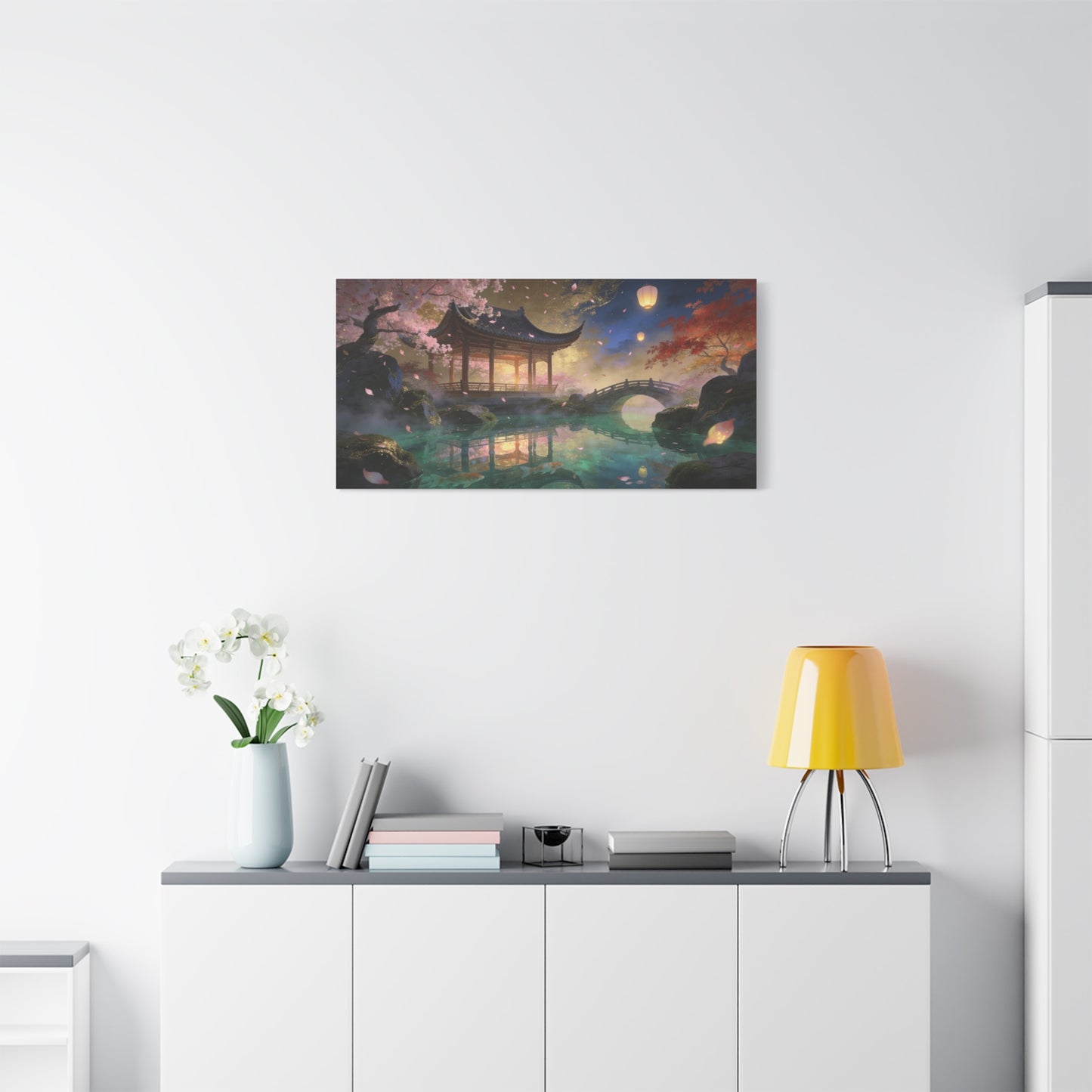 Japanese Garden Pavilion Canvas Wall Art - Cherry Blossom Pond, Lantern Night, Arched Bridge - Serene Traditional Landscape - Living Room Wall Decor, Bedroom Home Decoration - Bedroom Home Decoration