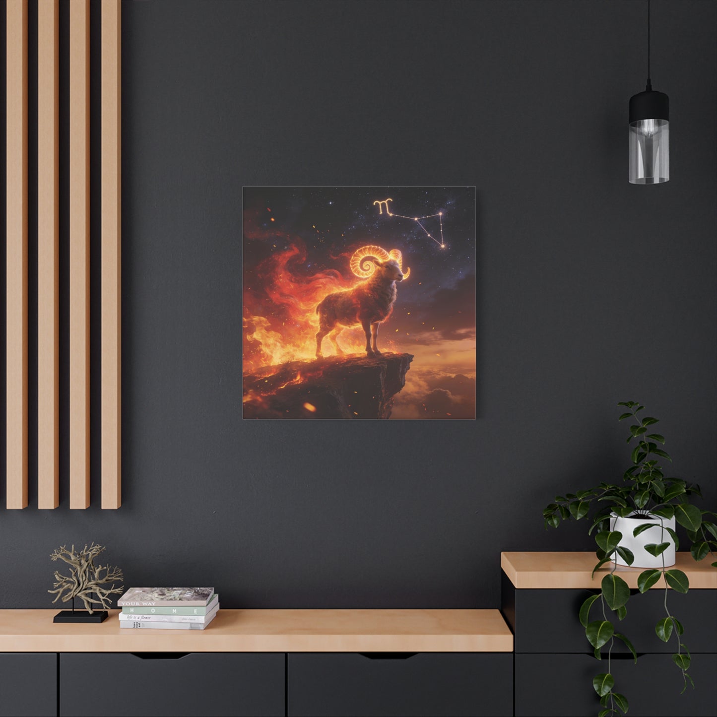 Aries Ram Canvas Wall Art - Fiery Zodiac Constellation Celestial Animal Print - Glowing Horns, Cosmic Night Sky - Contemporary Fantasy Style - Bedroom Home Decoration Office Wall Art - Ready to Hang