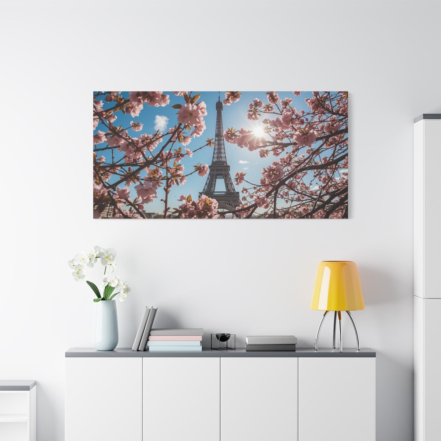Eiffel Tower Canvas Wall Art Paris Cherry Blossom Art Print - Sunlit Spring Floral Cityscape - Matte Cotton Decor - Bedroom Home Decoration, Living Room Wall Decor - Bedroom Home Decoration
