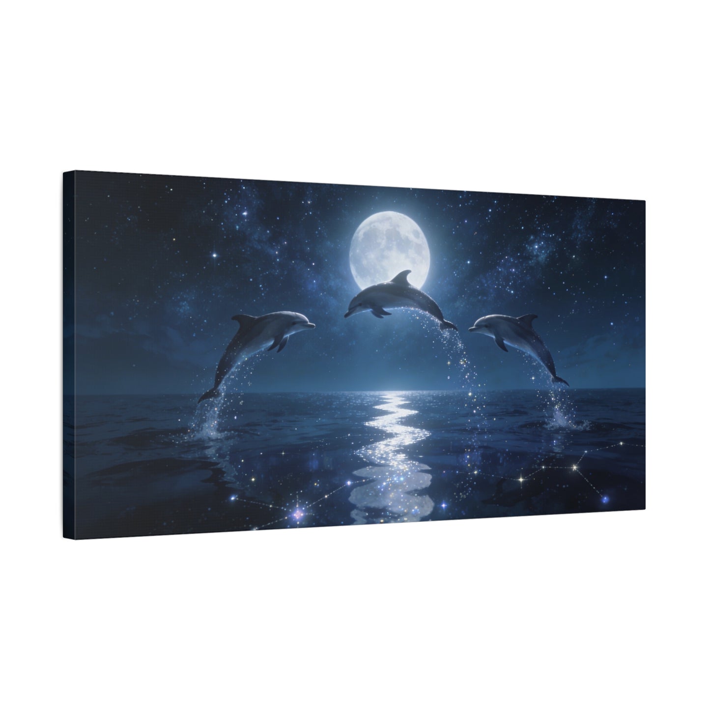 Moonlit Dolphin Canvas Wall Art - Starry Ocean Night Seascape Print - Celestial Blue Marine Decor, Matte Cotton Artwork - Bedroom Wall Decor, Living Room Home Decoration - Bedroom Home Decoration