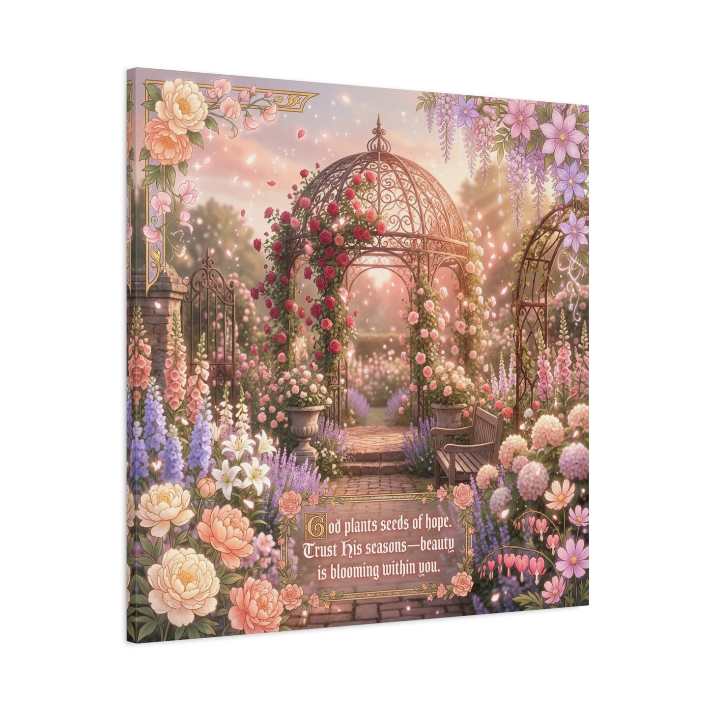 "God Plants Seeds Of Hope" Floral Garden Canvas Wall Art - Romantic Rose Gazebo Scripture Quote Print - Matte Botanical Cottagecore Decor - Bedroom Living Room Home Decoration - Living Room Wall Decor